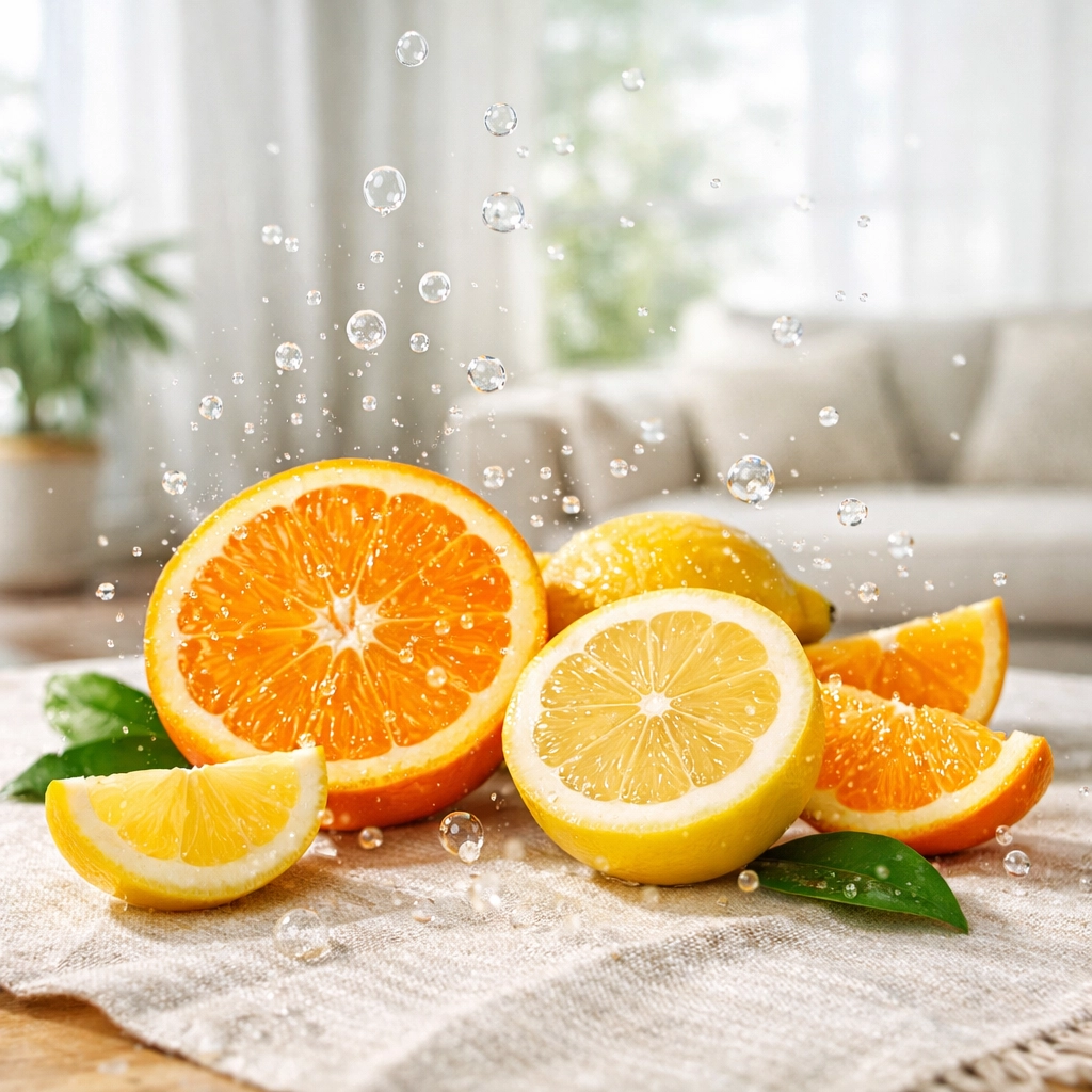 Fresh citrus and oxygen bubbles on fabric representing natural upholstery cleaning in Tulsa.