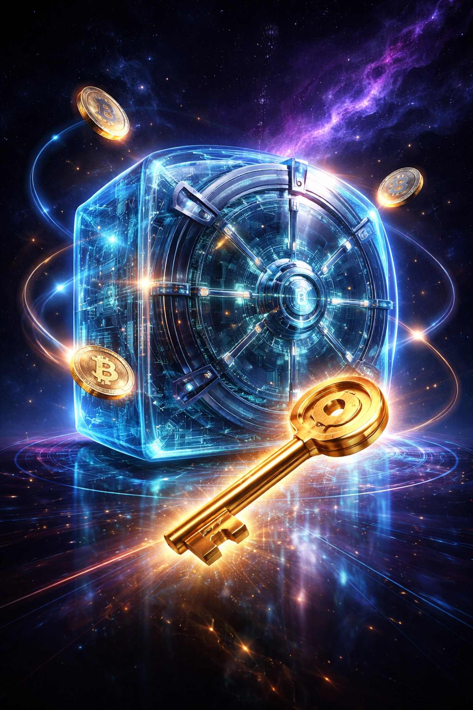Glowing digital vault with floating key illustrating Larecoin self-custody merchant accounts and crypto security