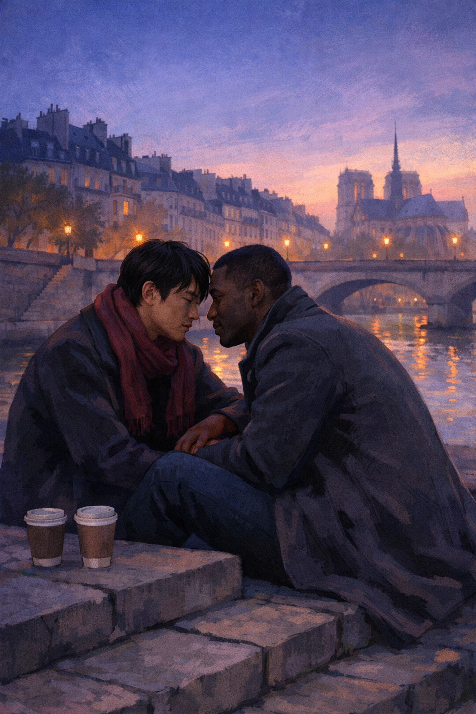 Gay couple sharing intimate conversation by the Seine at dawn in modern MM romance scene