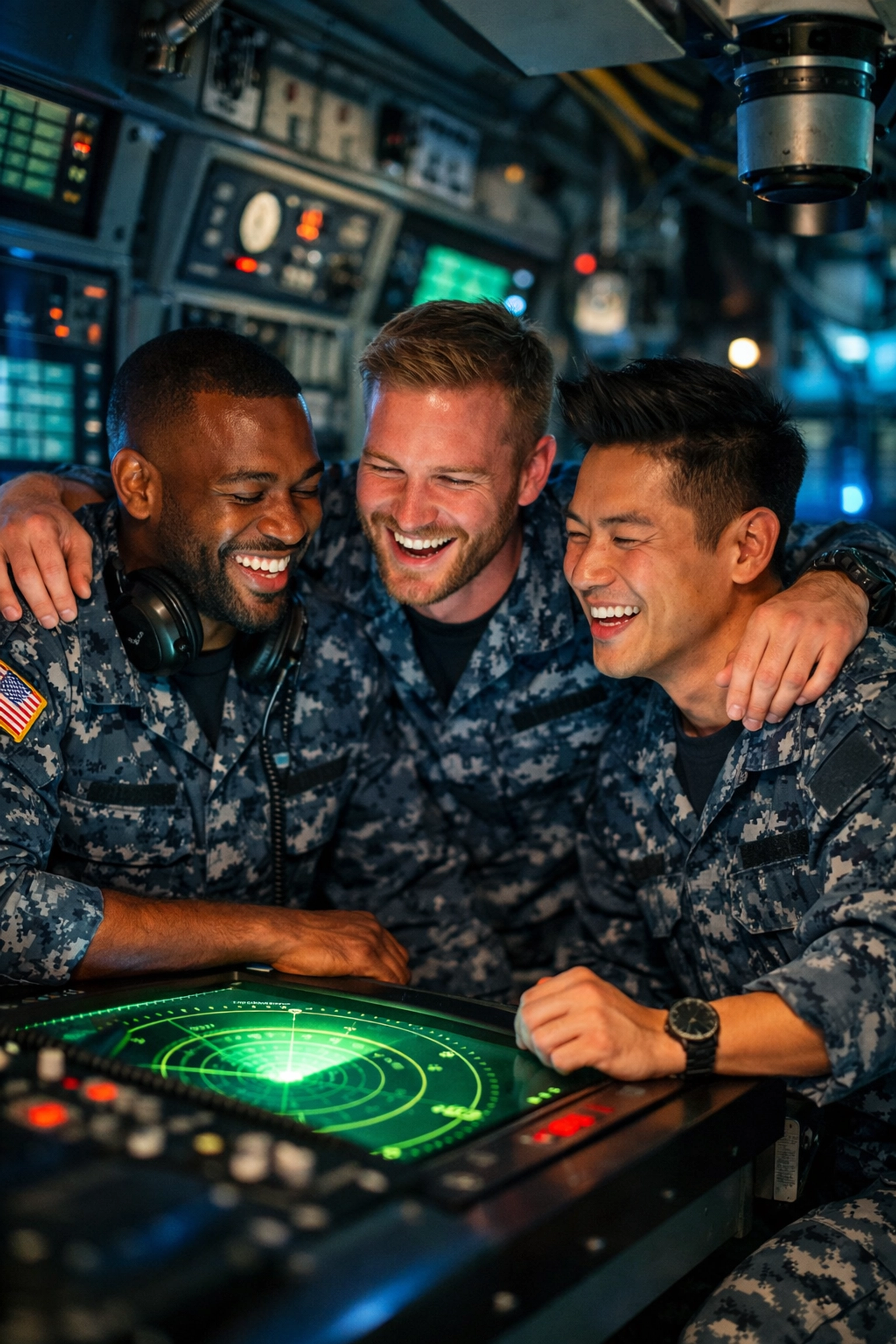 Diverse queer sailors share a moment of camaraderie and trust in a modern submarine control room.