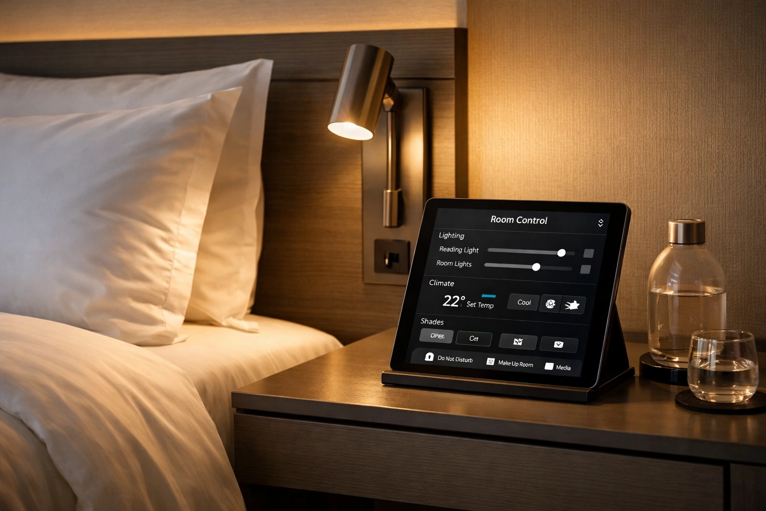 Smart room control tablet on hotel nightstand for automated guest room technology