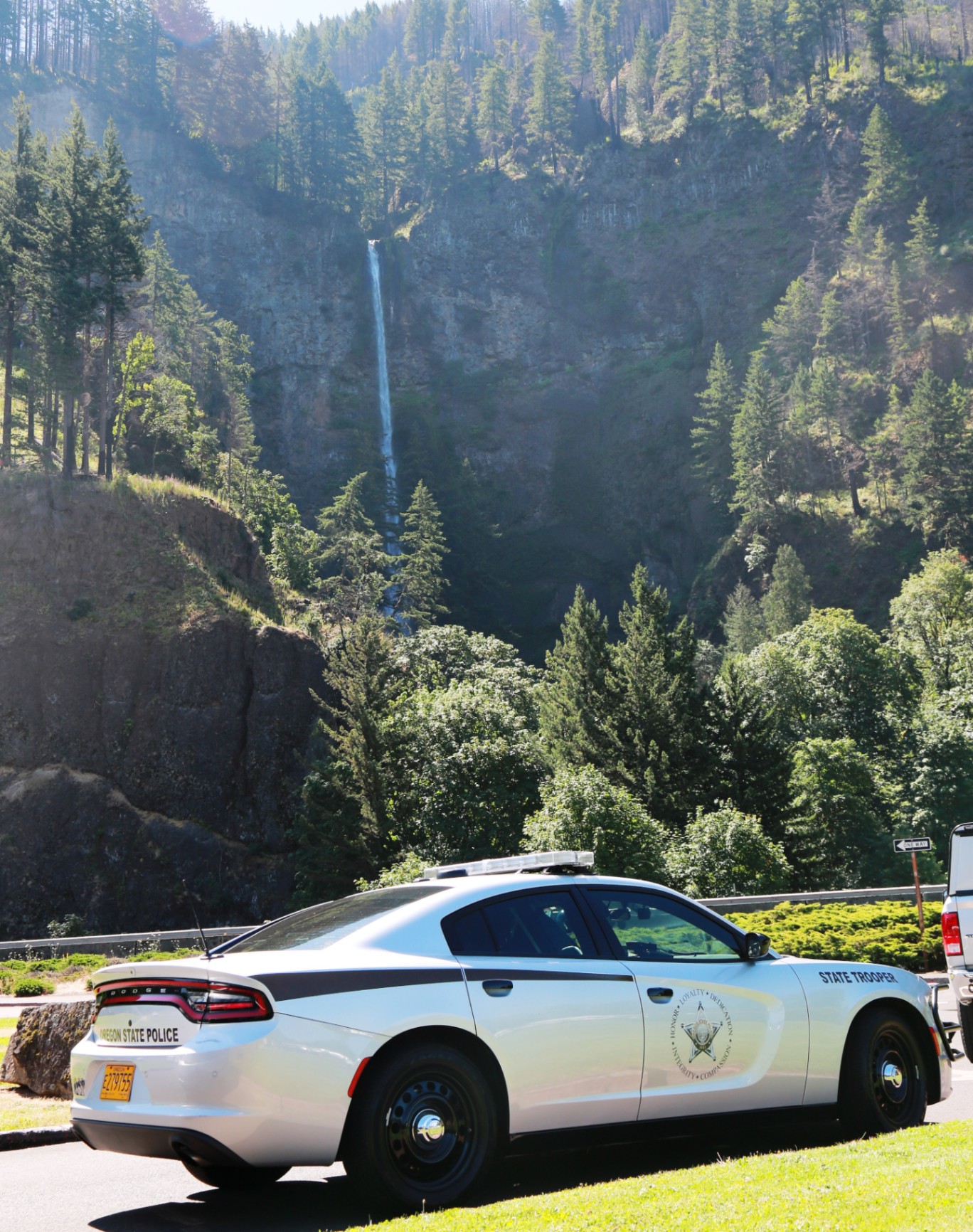 Oregon State Police Patrol Car near Waterfall