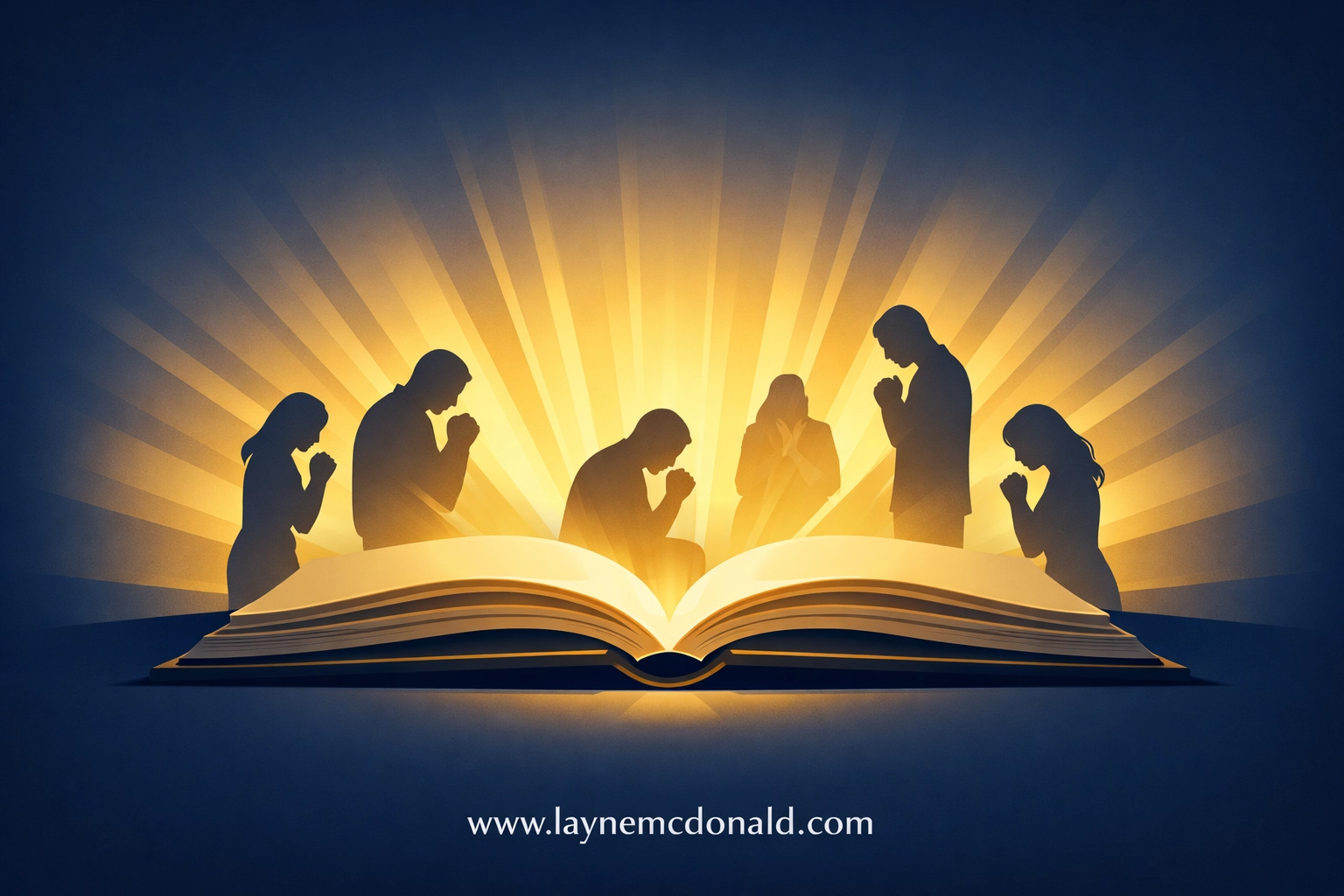 Open Bible radiating light toward people in prayer, representing spiritual healing and scripture study.