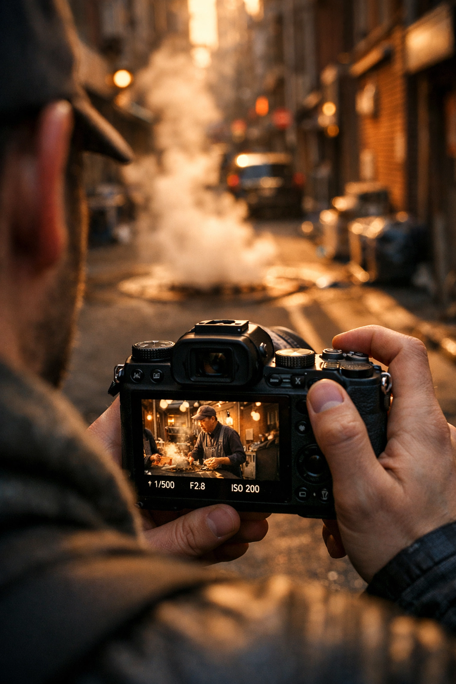 Photographer capturing creative street photography ideas in an urban alleyway to refresh their portfolio.