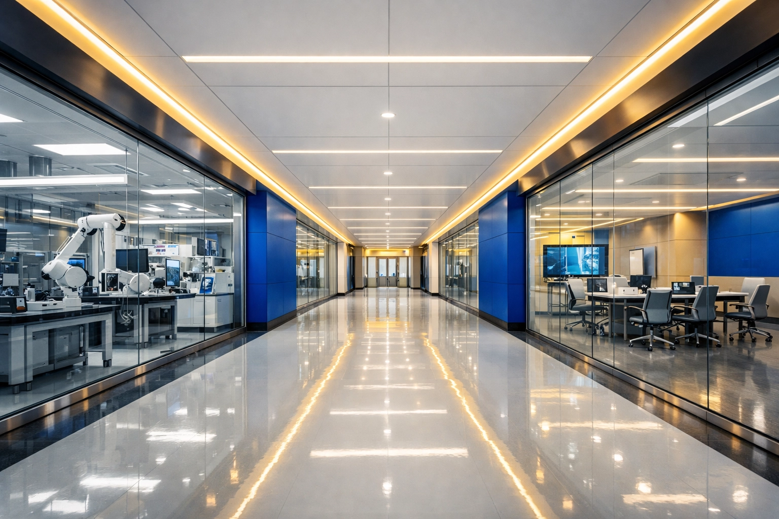 Impeccably polished floors in a high-tech facility after professional commercial cleaning services in Bedford, MA.