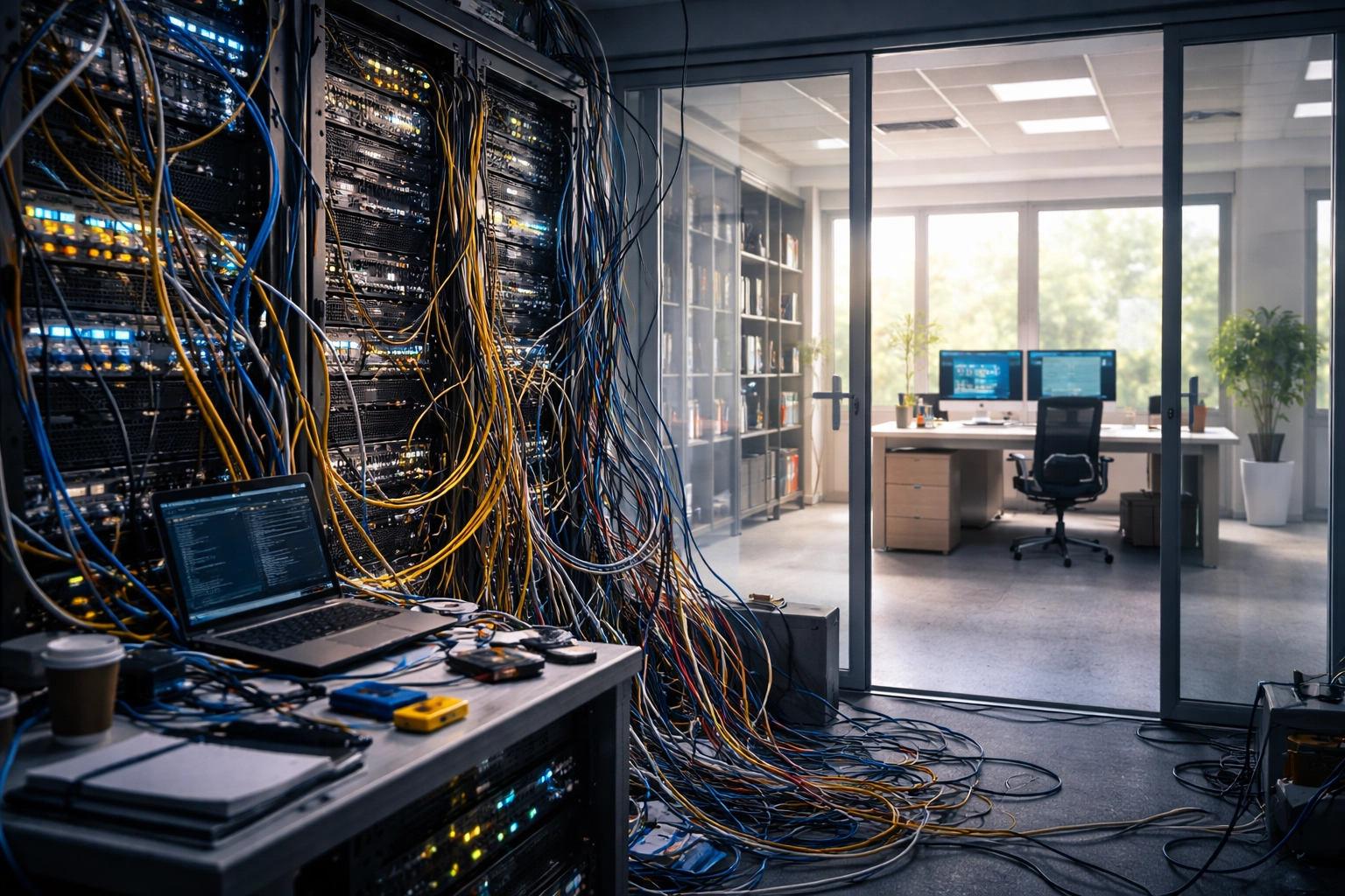 Contrasting cluttered server room and clean workspace, illustrating the impact of efficient ServiceNow portal management.