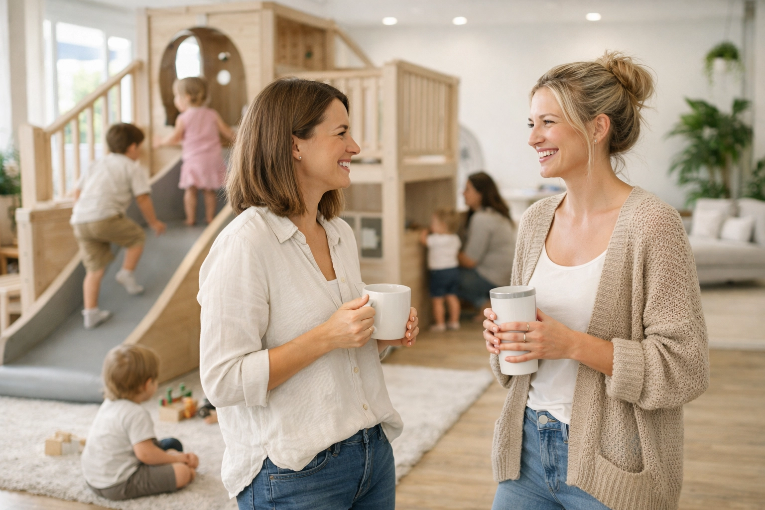 Moms socializing at Tumblehaus play space in Denver
