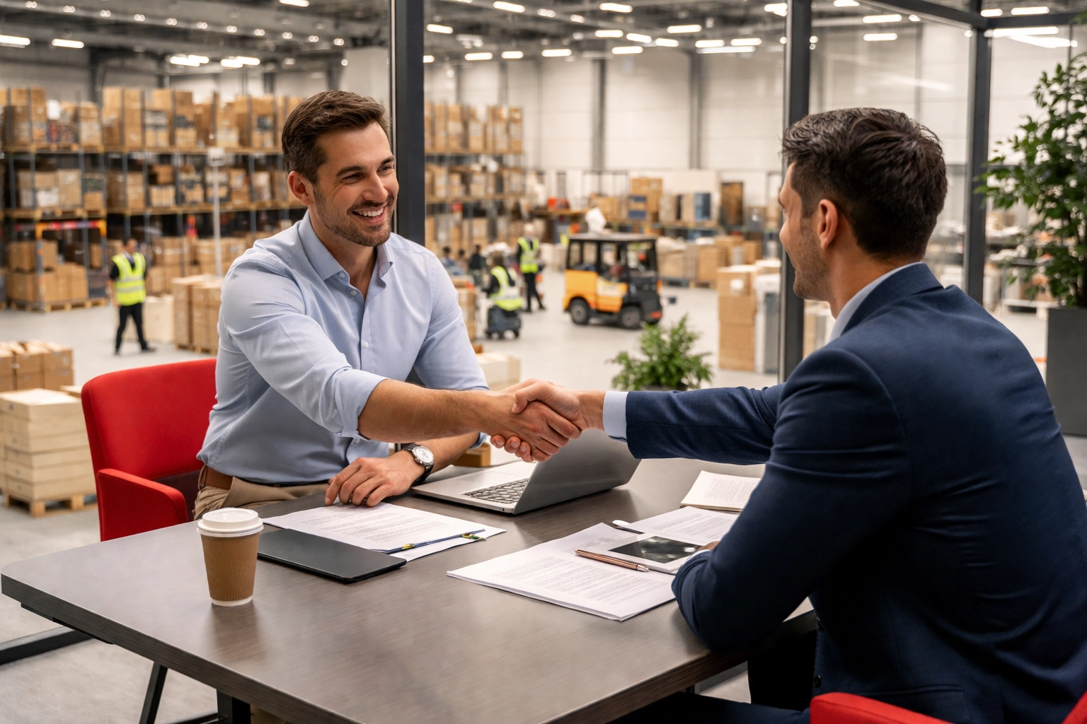 Business meeting in a Hertford warehouse office overlooking fulfilment floor, showcasing logistics partnership and professionalism.