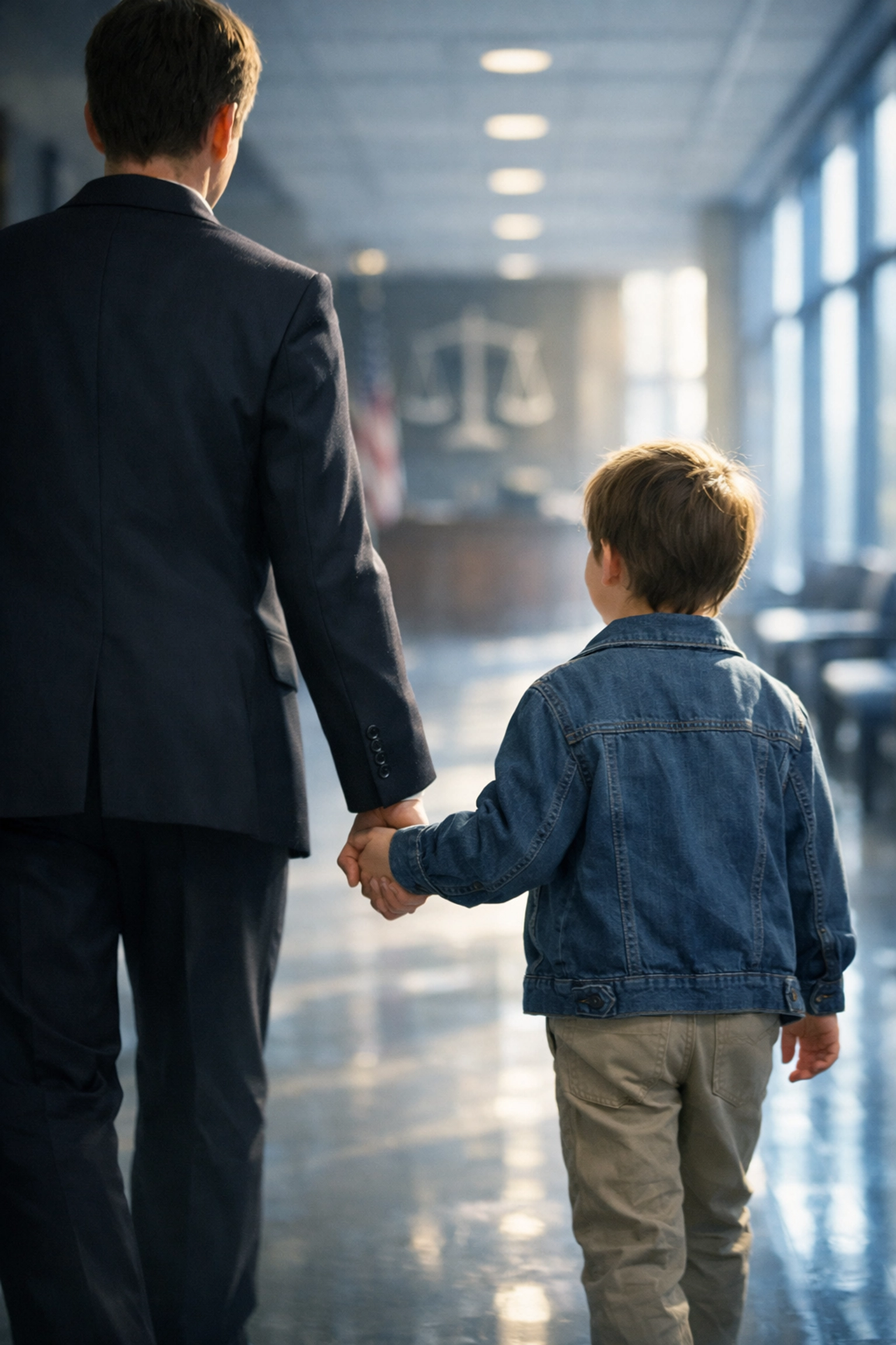 Parent and child walking through Hampton Roads courthouse during custody case