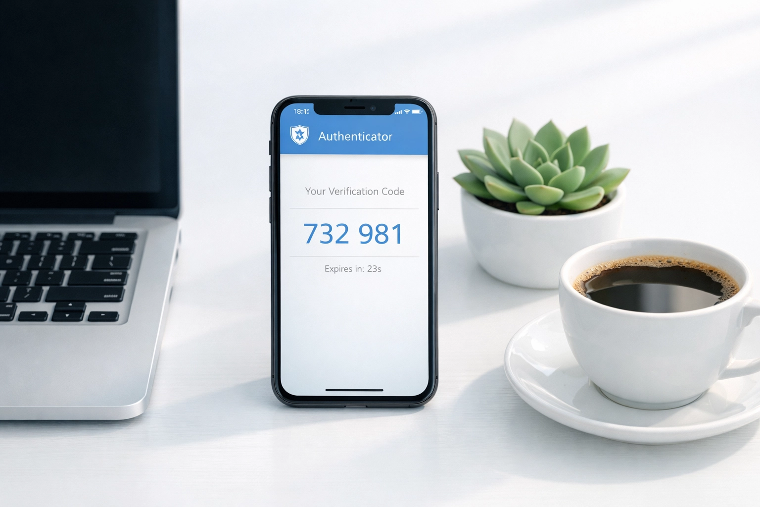 Smartphone showing authenticator app with MFA verification code next to laptop for secure business login