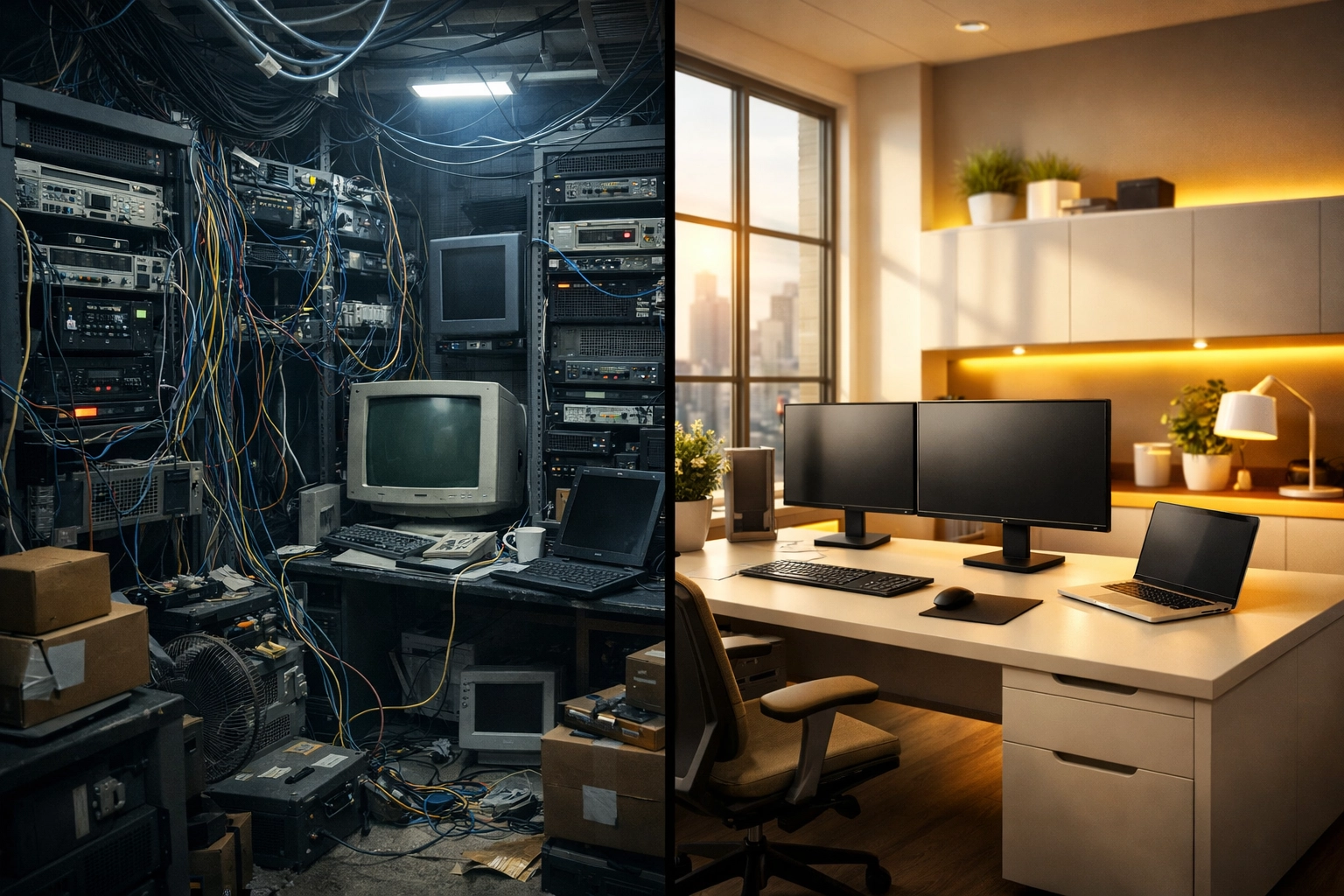 Comparison of cluttered server room versus organized MSP office showing specialization benefits