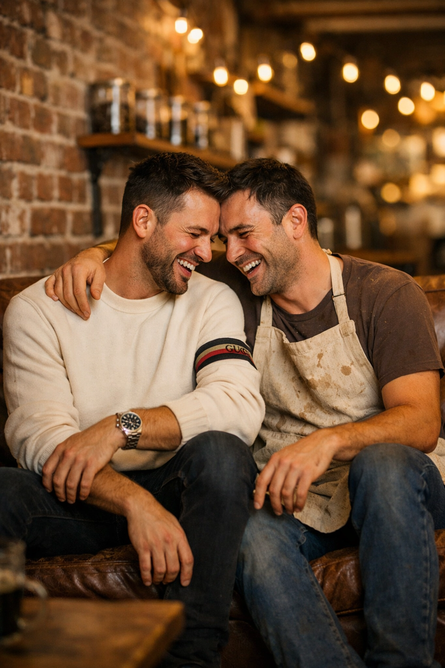 Gay couple laughing together in neighborhood coffee shop - authentic connection in billionaire-barista romance