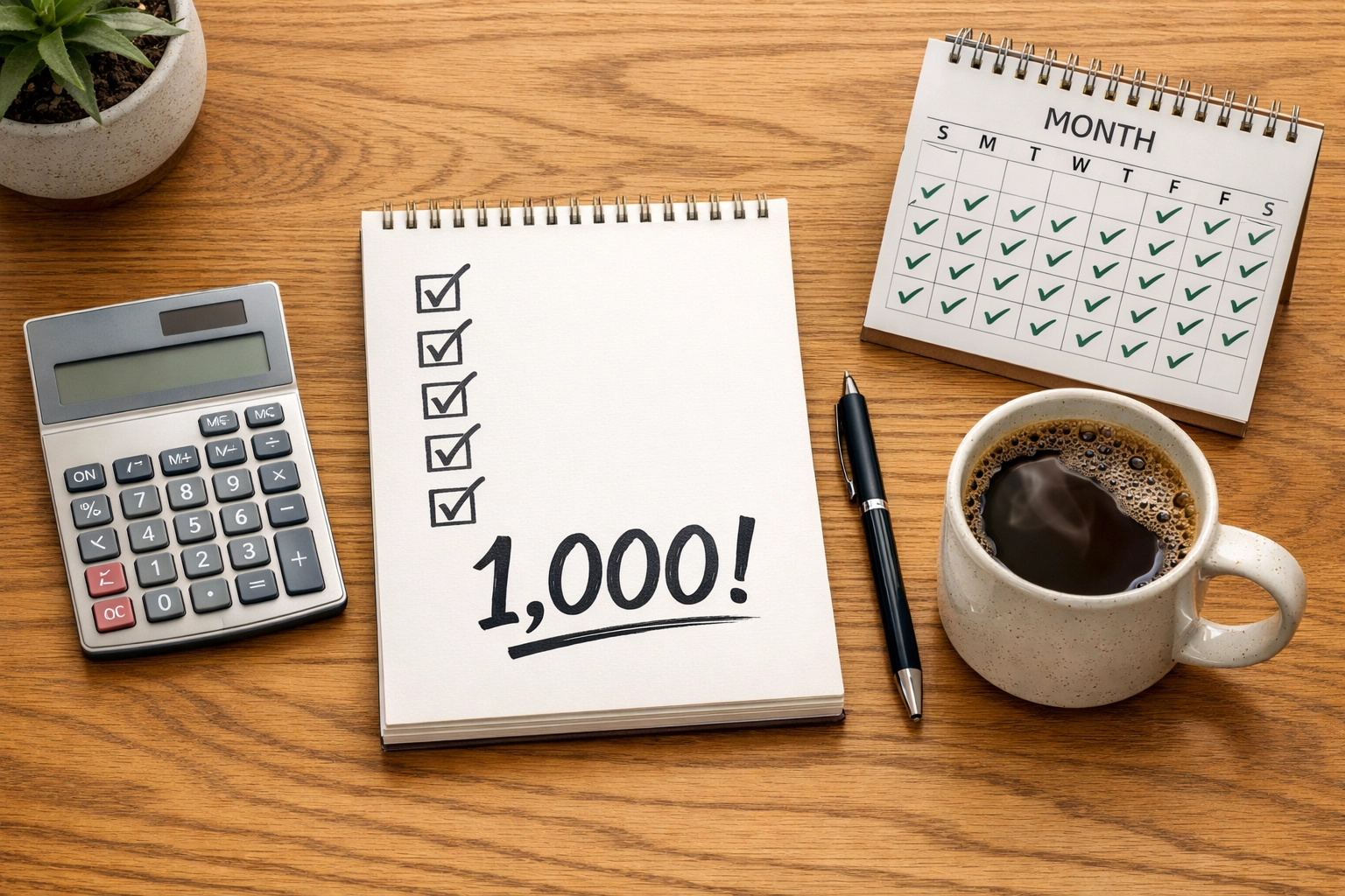 Planning a 30-day no-spend challenge to save 1,000 dollars with a budget notebook and calculator.