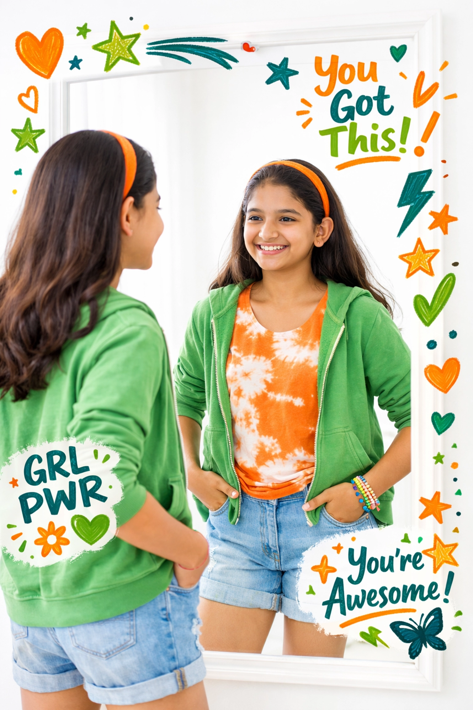Teen girl building self-awareness and identity in Christ through positive mirror reflection