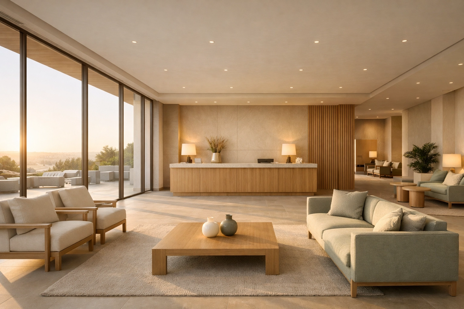 A serene, minimalist hotel lobby reflecting predictive hospitality and seamless guest experiences.