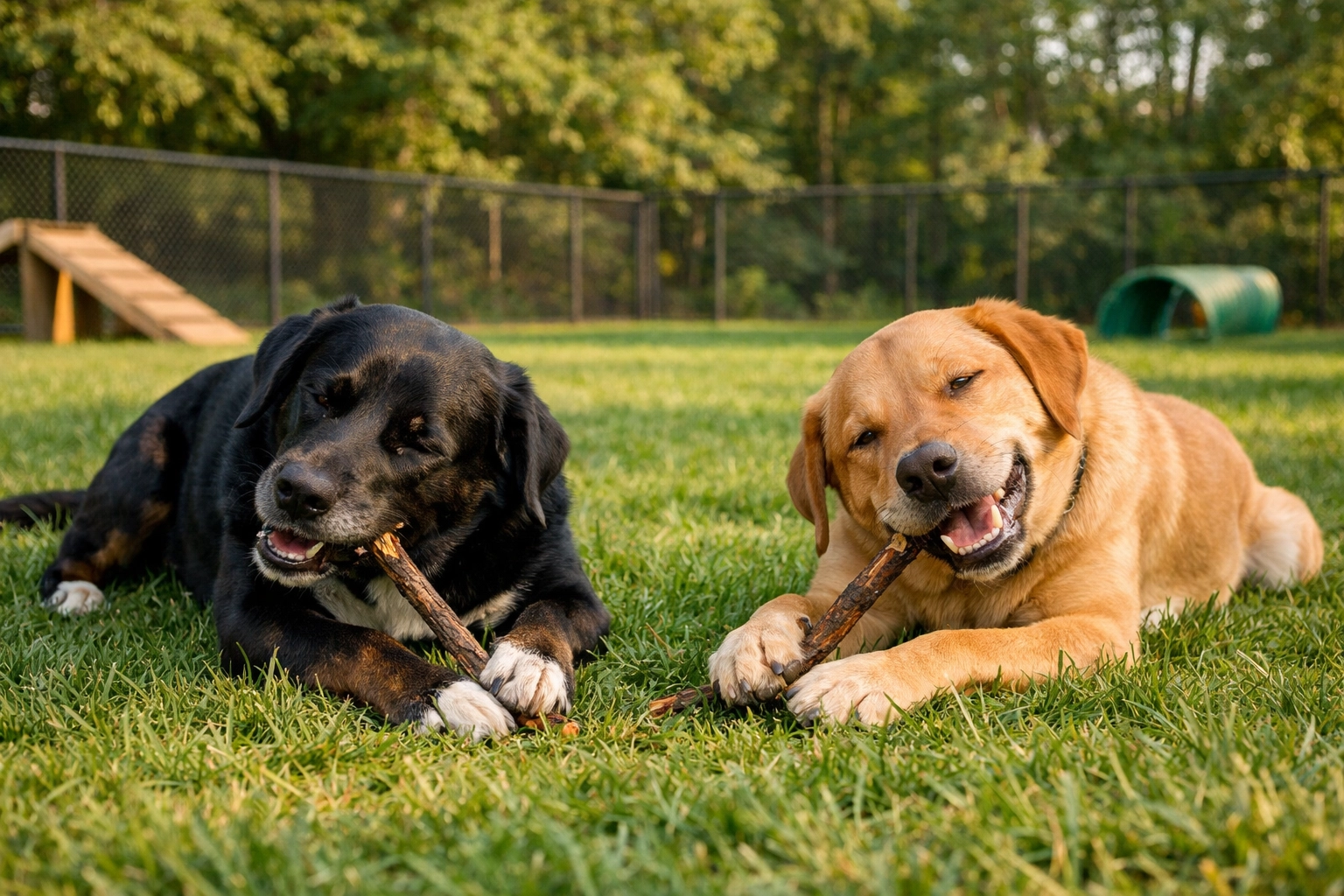 Two dogs enjoying natural enrichment at Green Acres K-9 Resort, showing holistic dog care practices for Portland pets.