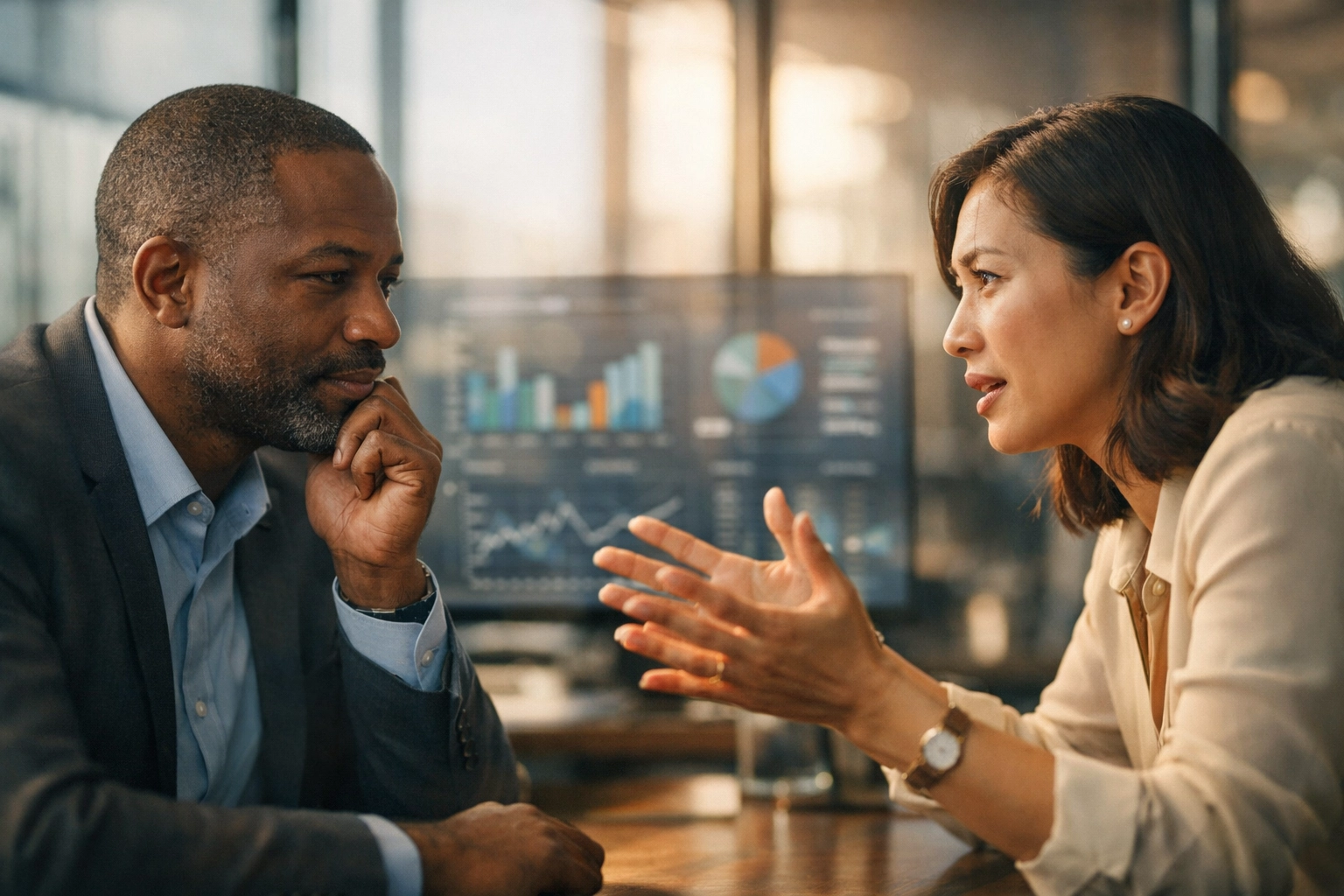 Diverse professionals having an empathetic high-stakes conversation in a modern office about human leadership.