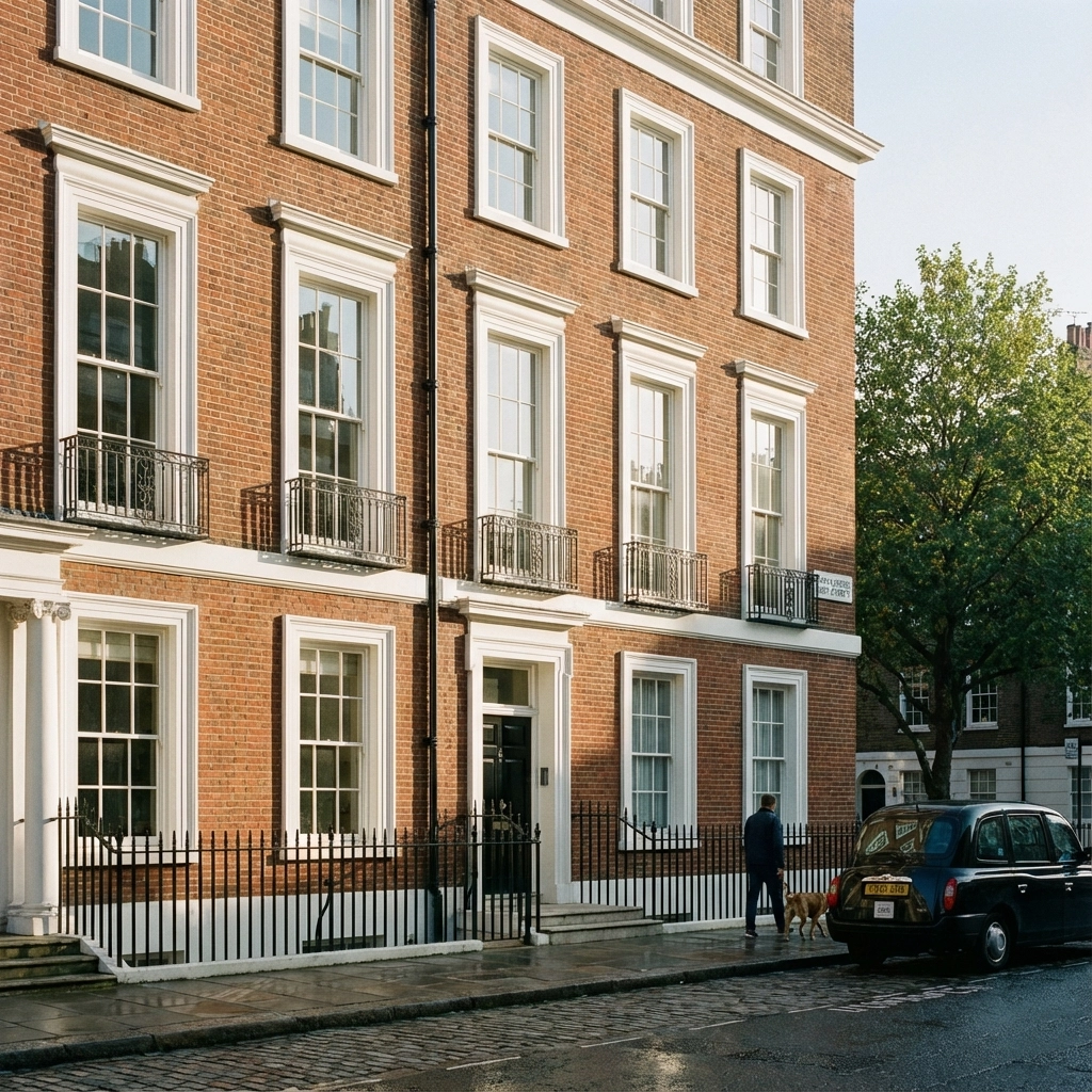 Georgian townhouse in Marylebone with period sash windows overlooking tree-lined street