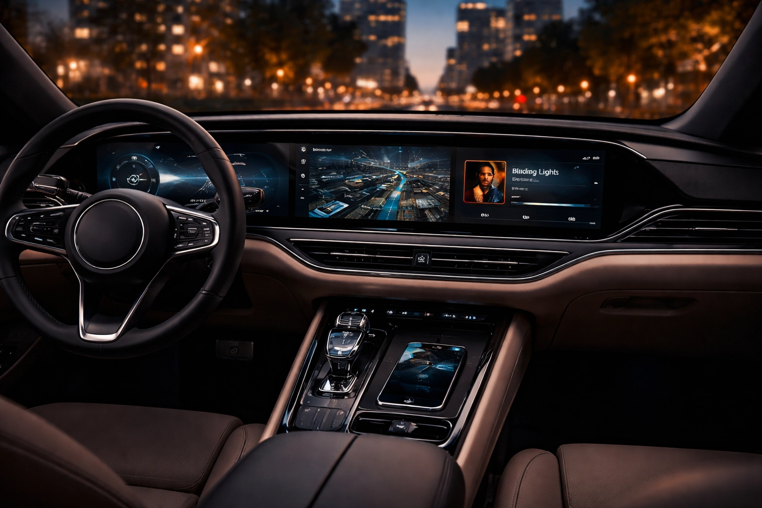 Modern connected car interior highlighting dashboard digital display and in-vehicle technology integration