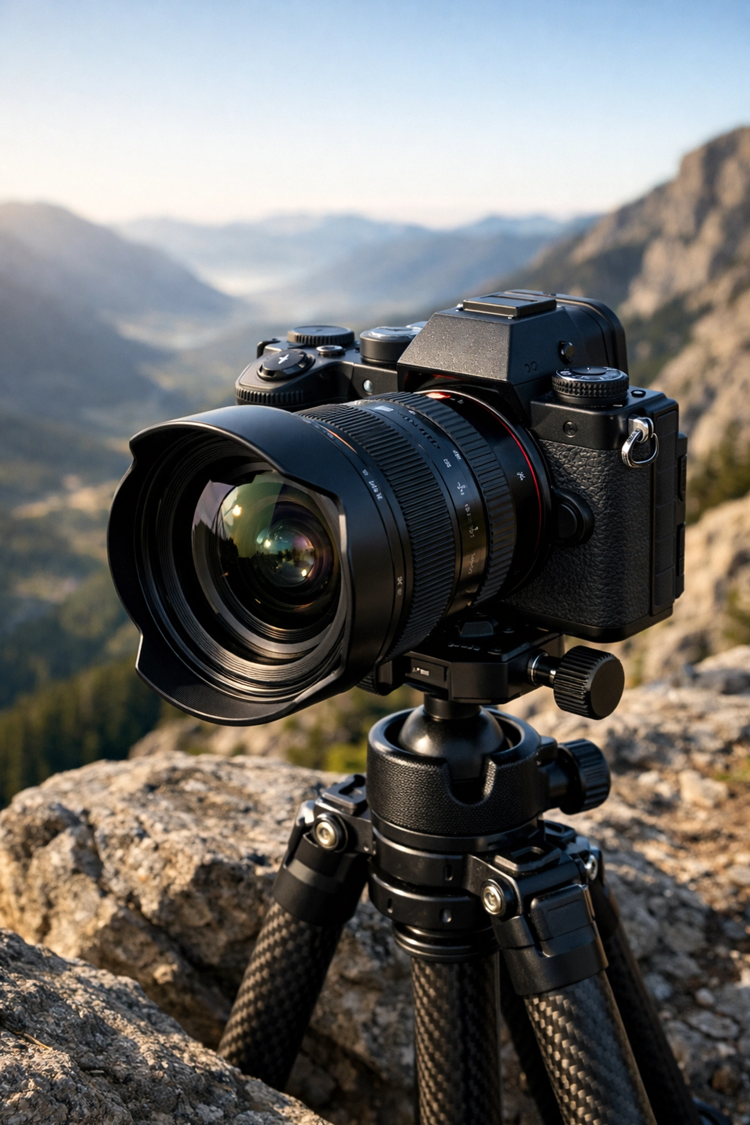Mirrorless camera on a tripod in a valley, highlighted in our latest camera gear reviews and landscape photography tips.