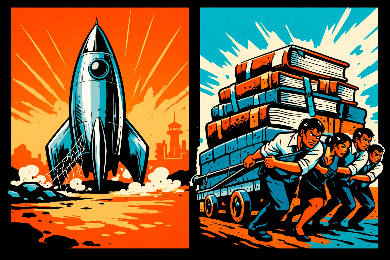 Workers pulling heavy ledgers while modern ai business automation tools sit unused.