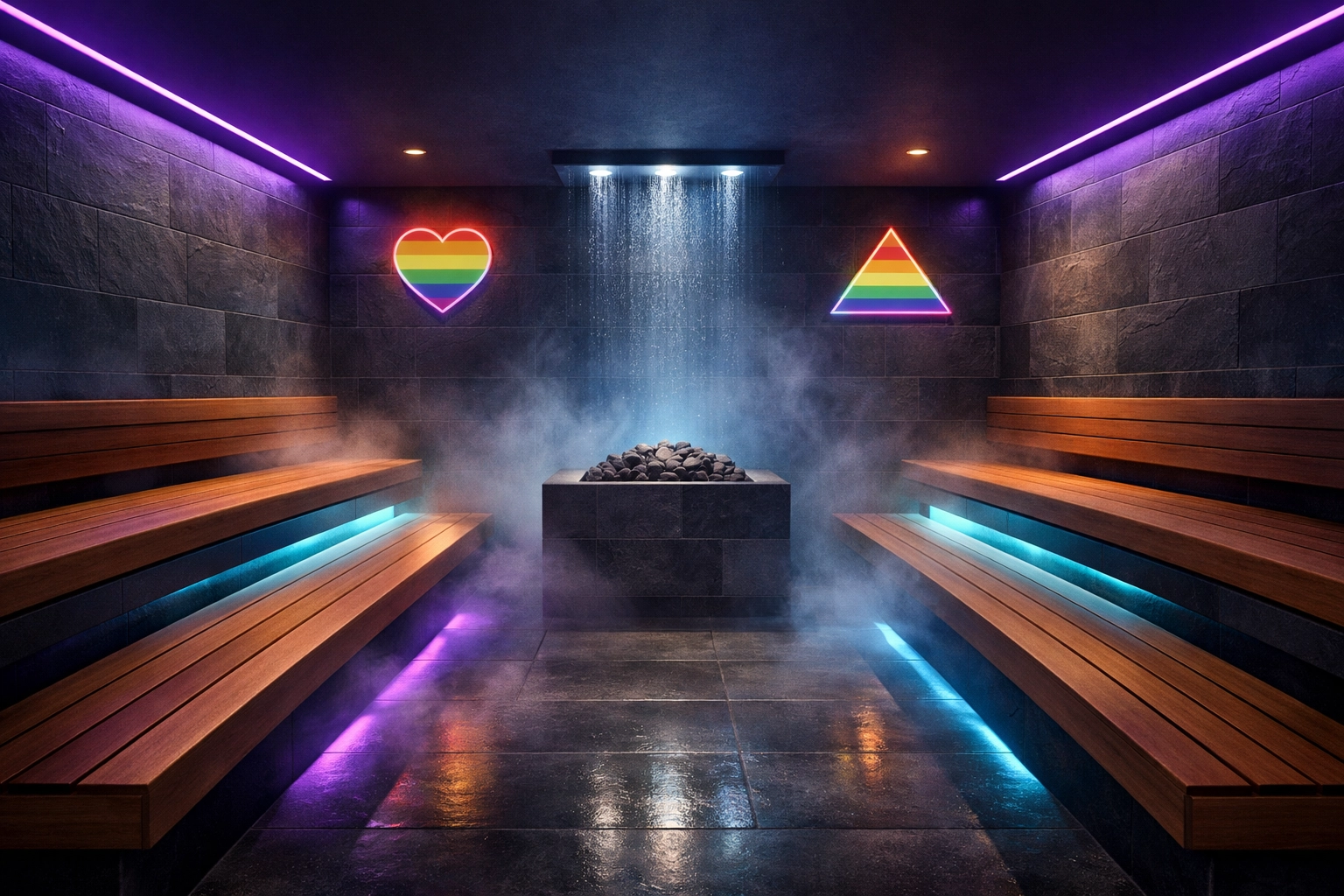 The modern, tranquil interior of a gay sauna lounge featuring minimalist design and moody lighting.