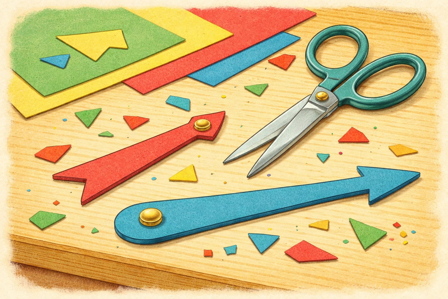 Paper clock hands made from colored cardstock with scissors and paper scraps, illustrating a homemade clock craft for kids