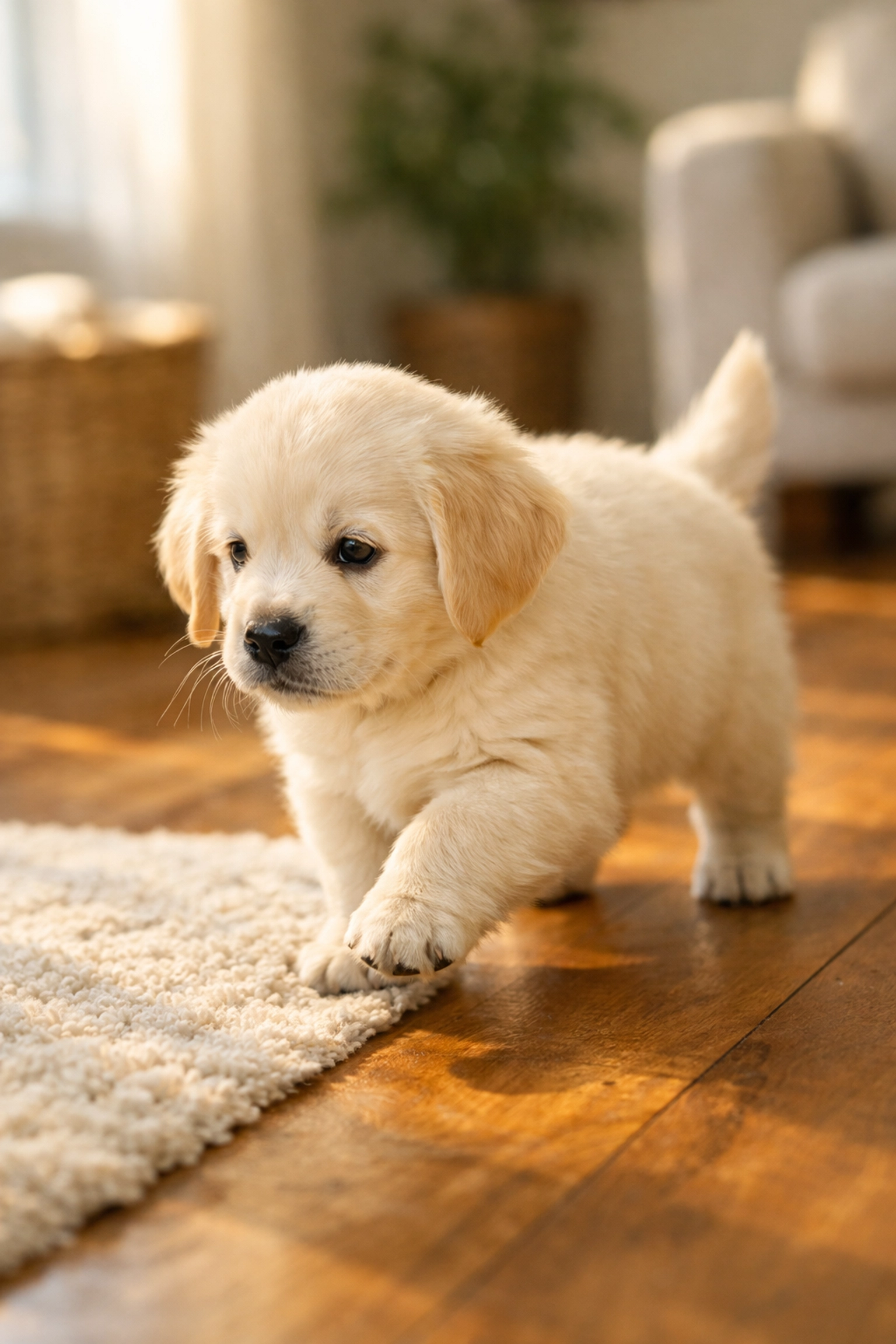 Golden Retriever puppy exploring different textures during critical socialization window