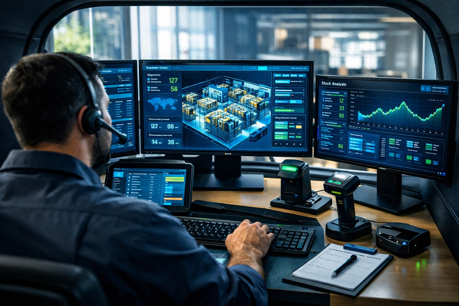 Logistics professional analyzing supply chain data on multiple screens in a Pod facility