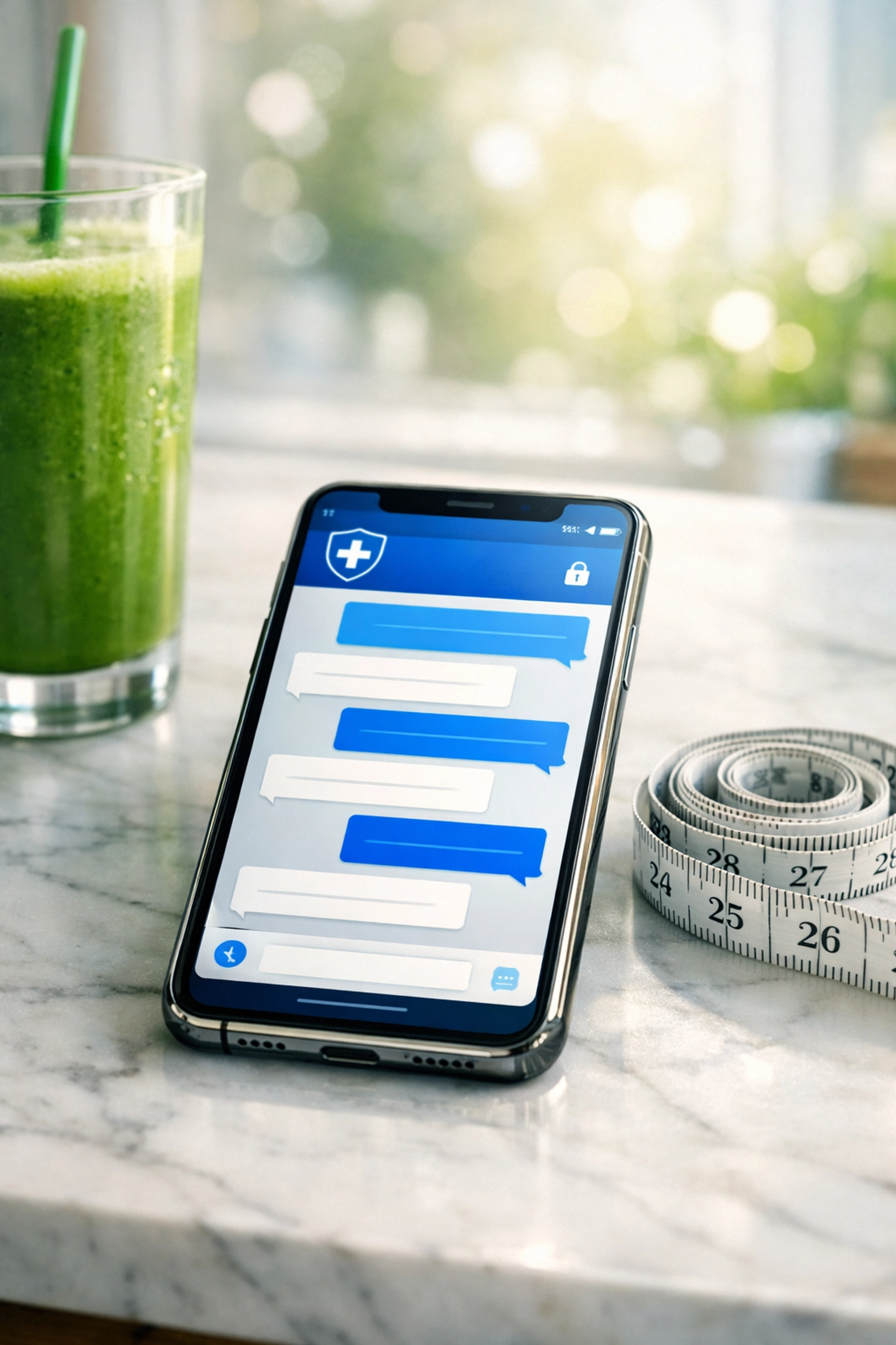 Online weight loss consultation via secure medical messaging on a phone next to a healthy smoothie and measuring tape.