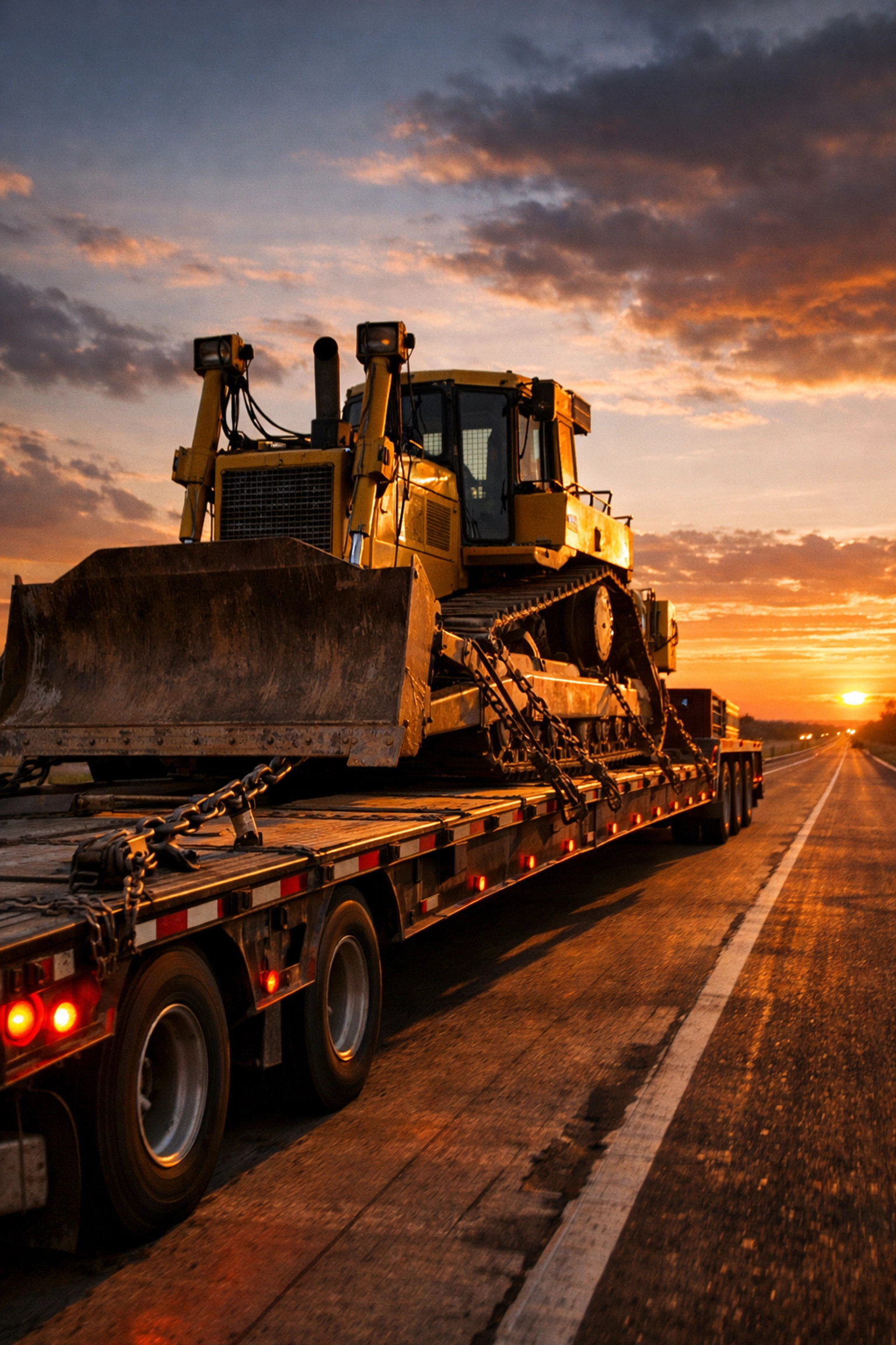 Heavy construction equipment secured on flatbed trailer during transport