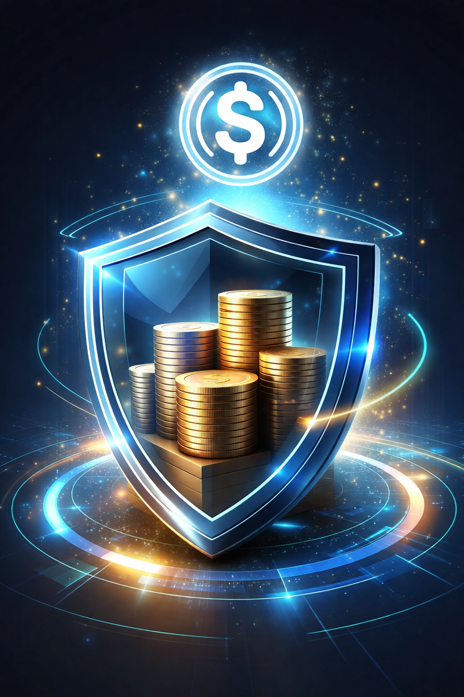 Futuristic shield and coins symbolizing LUSD stablecoin security and zero-volatility crypto payments