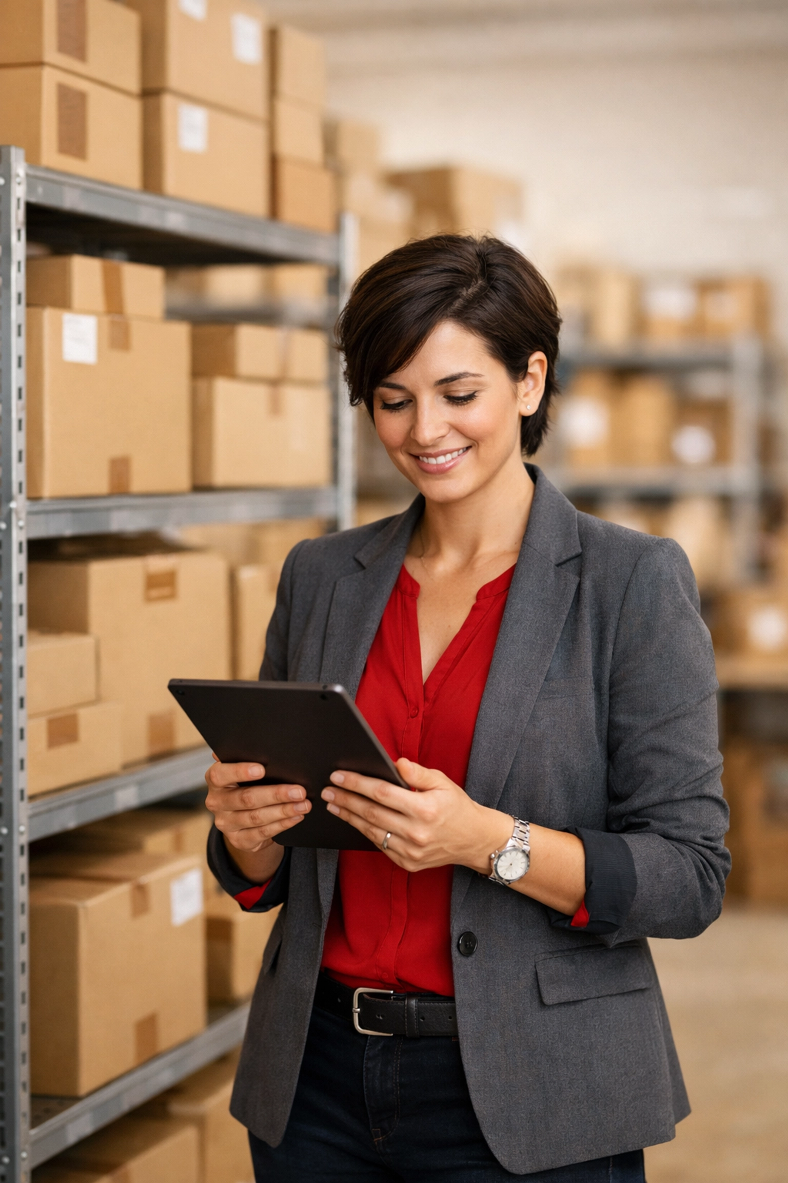 E-commerce entrepreneur managing inventory in an organized Hertford storage and fulfilment space.