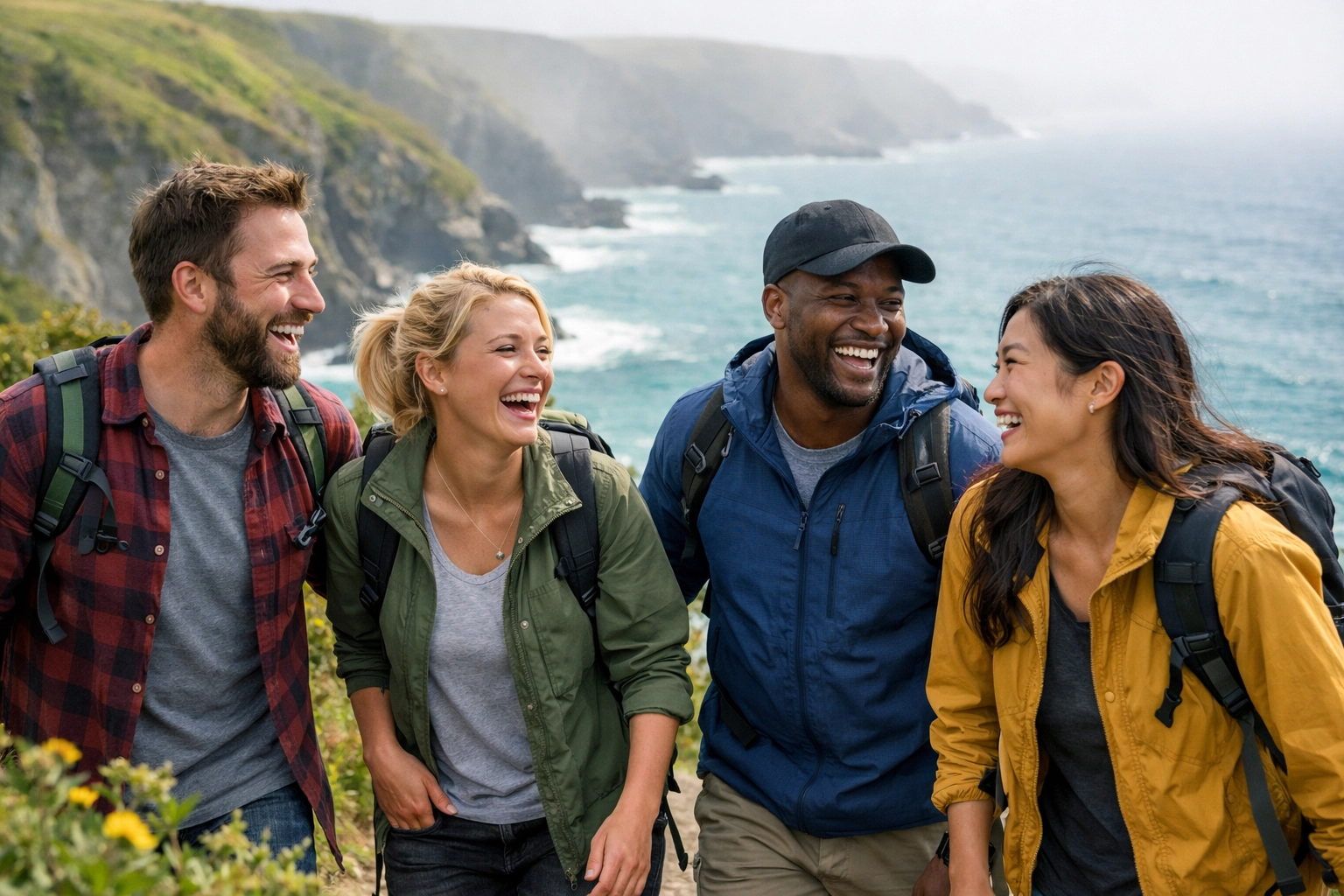 A group of friends laughing on a scenic coastal walk during a guided hiking tour in the UK.