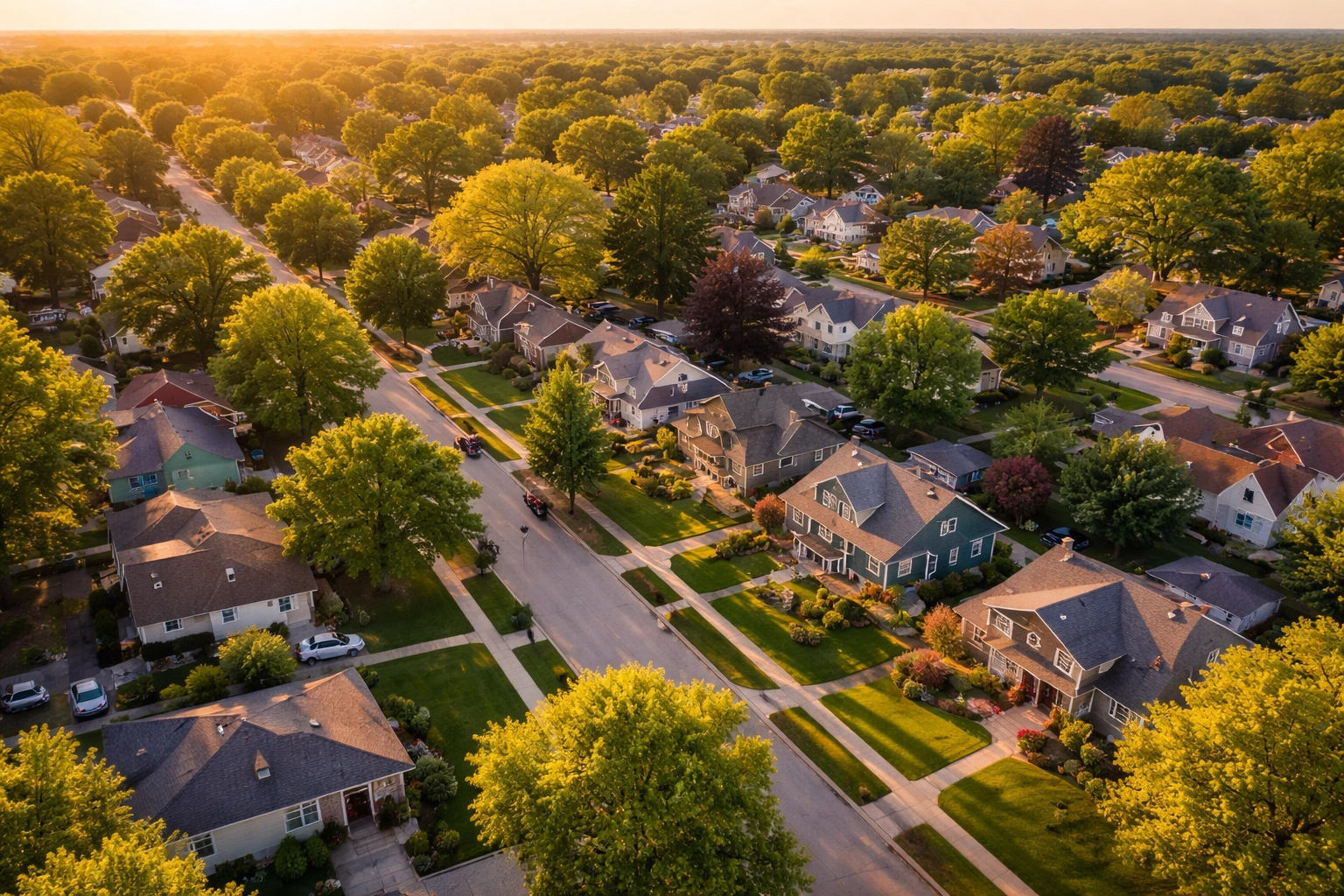 Aerial view of a Bloomington-Normal neighborhood with tree-lined streets and well-kept homes at sunset