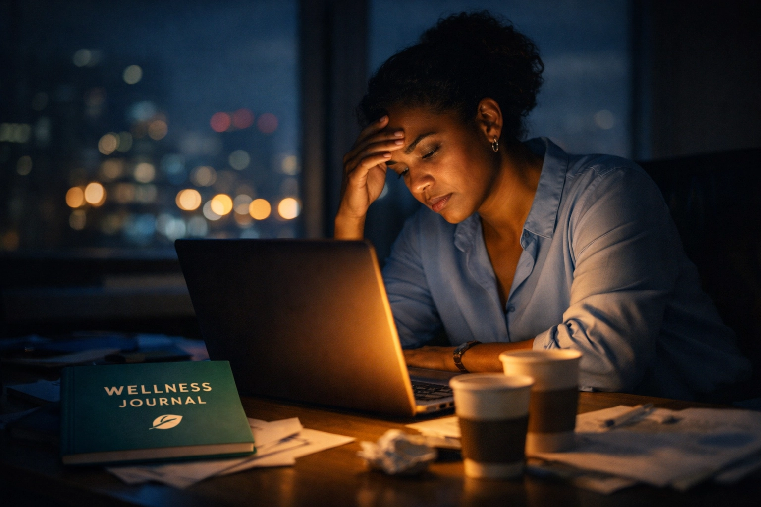 Exhausted professional working late at night with unopened wellness journal showing leadership burnout