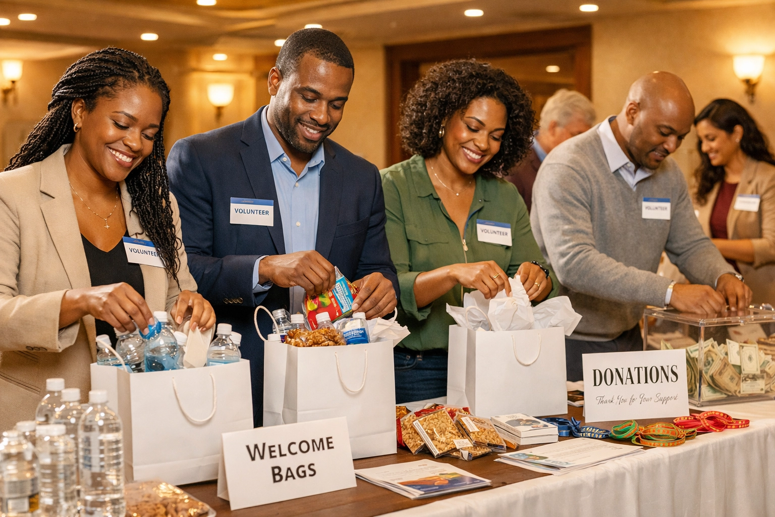 NJ volunteers setting up inside a beautiful hall for the Day Party fundraiser, ready to welcome guests in a warm, semi-formal setting.