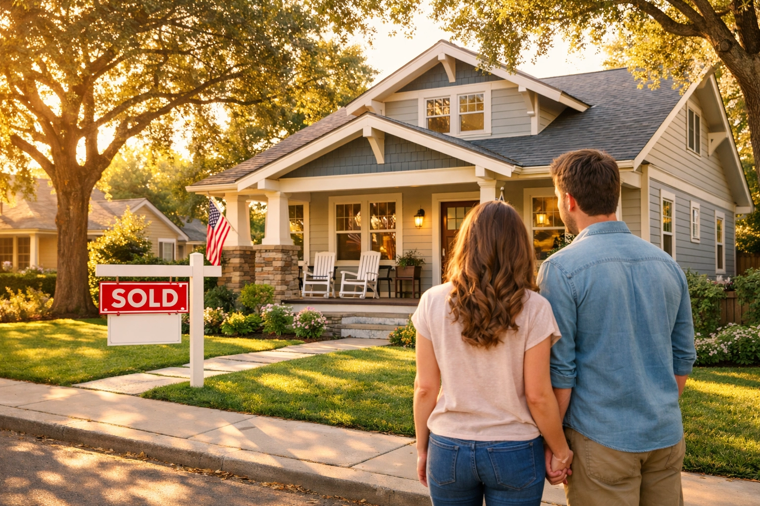 Couple viewing affordable home for sale in Hickory NC neighborhood with tree-lined street