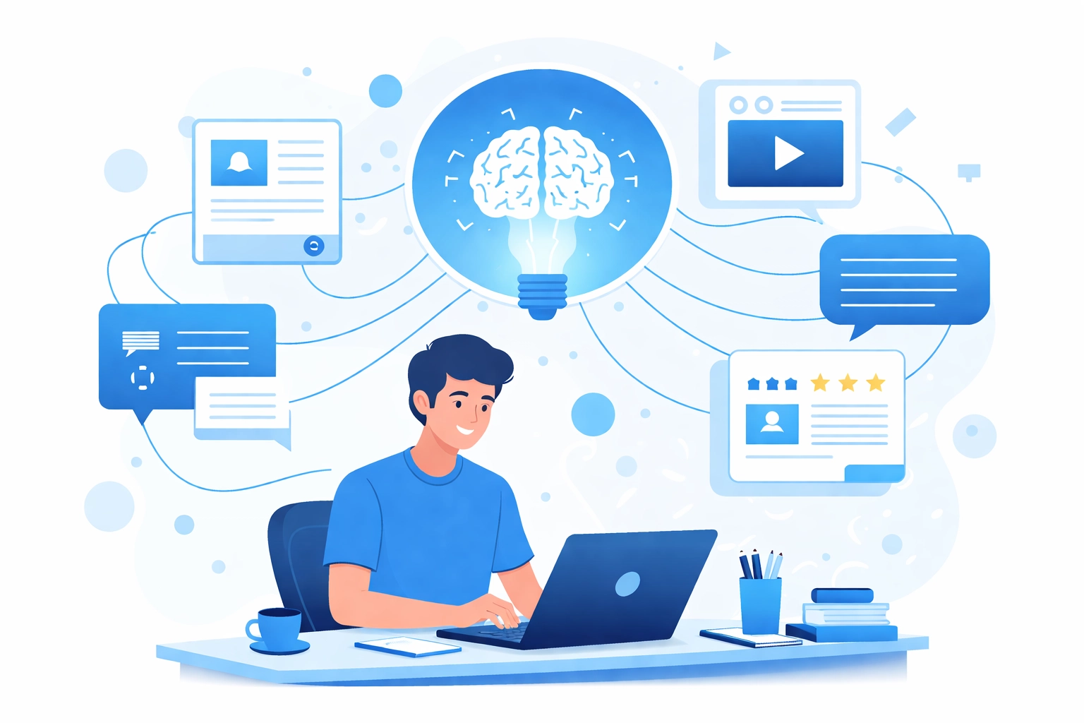 Person at desk surrounded by floating content icons, showing knowledge sharing and content marketing expertise