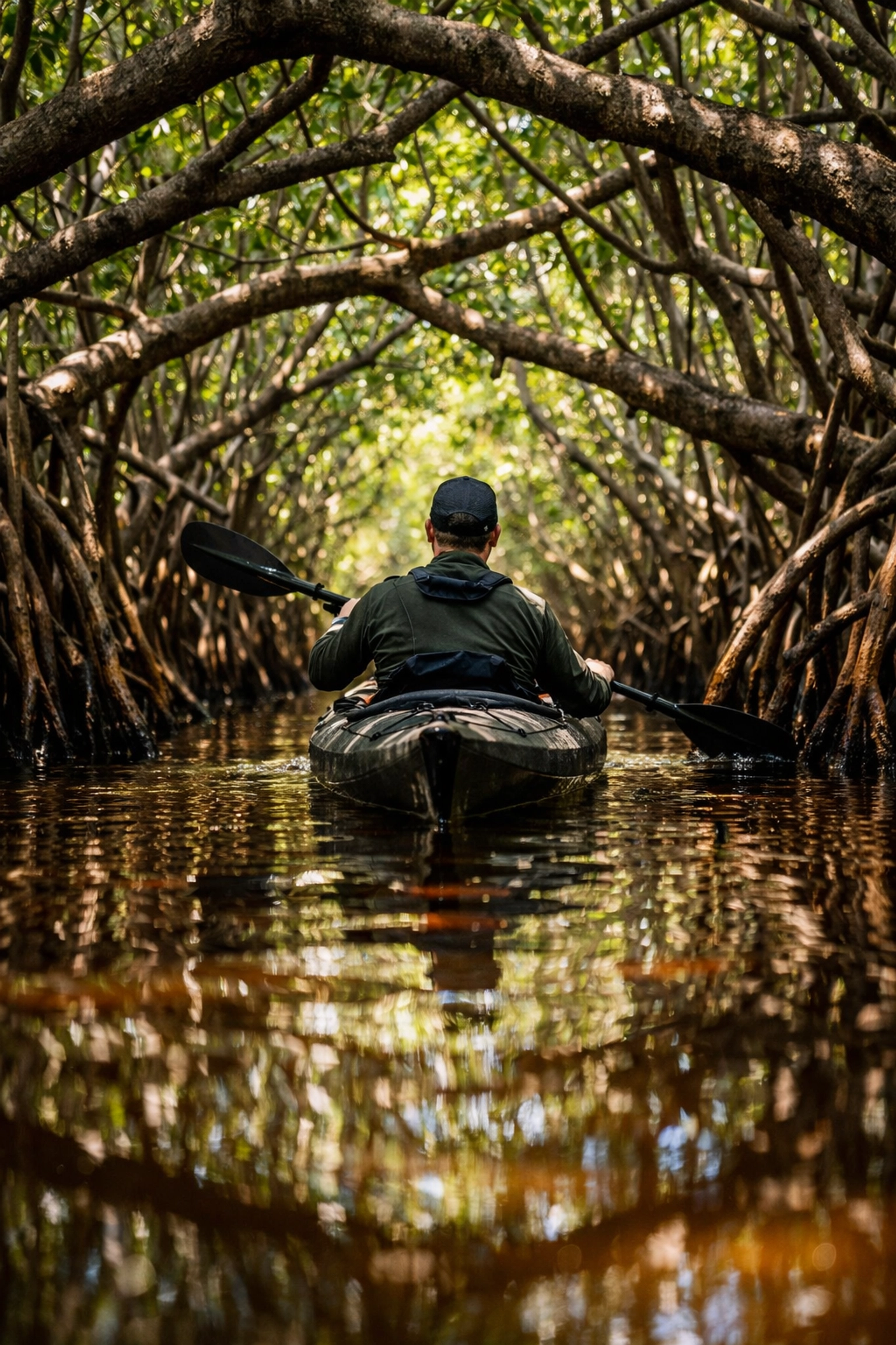 Kayak paddling through a mangrove tunnel in the Everglades, a top photo spot for stealthy wildlife photography.
