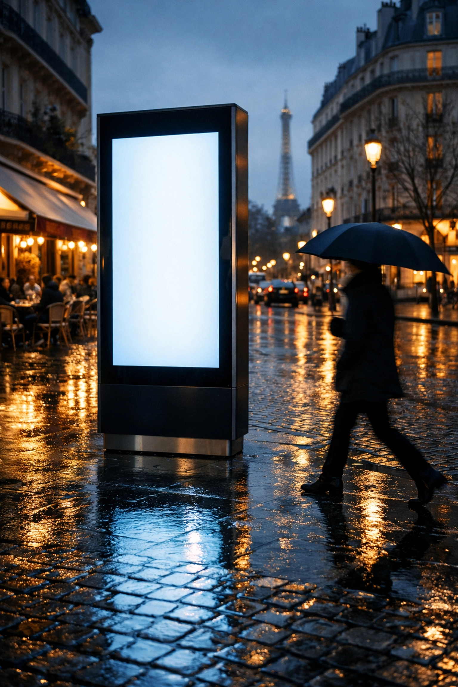 Digital advertising kiosk in Paris reflecting on rainy cobblestones with weather-based ad triggers.