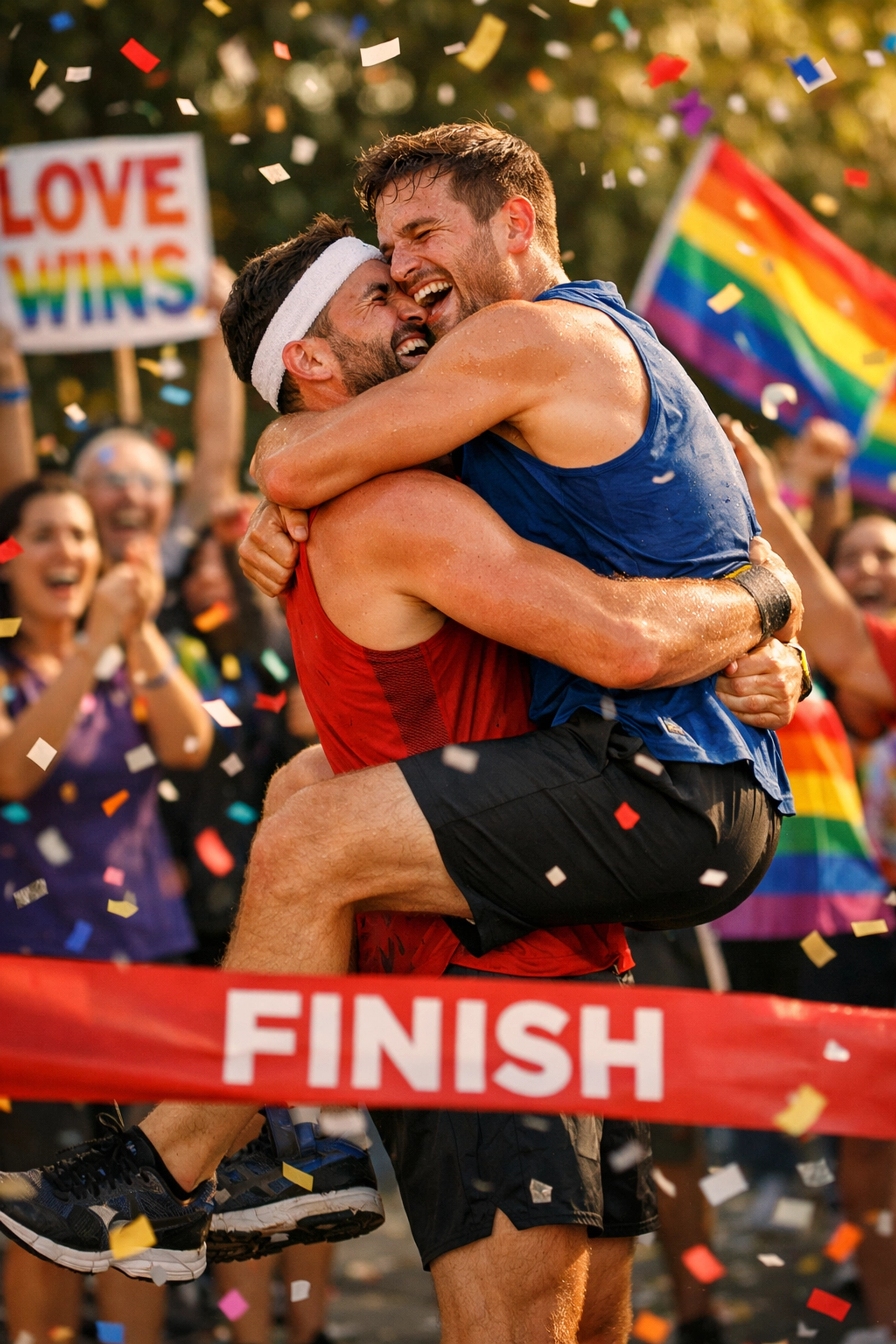 Two men in athletic wear embracing at finish line with LGBTQ+ supporters cheering their victory