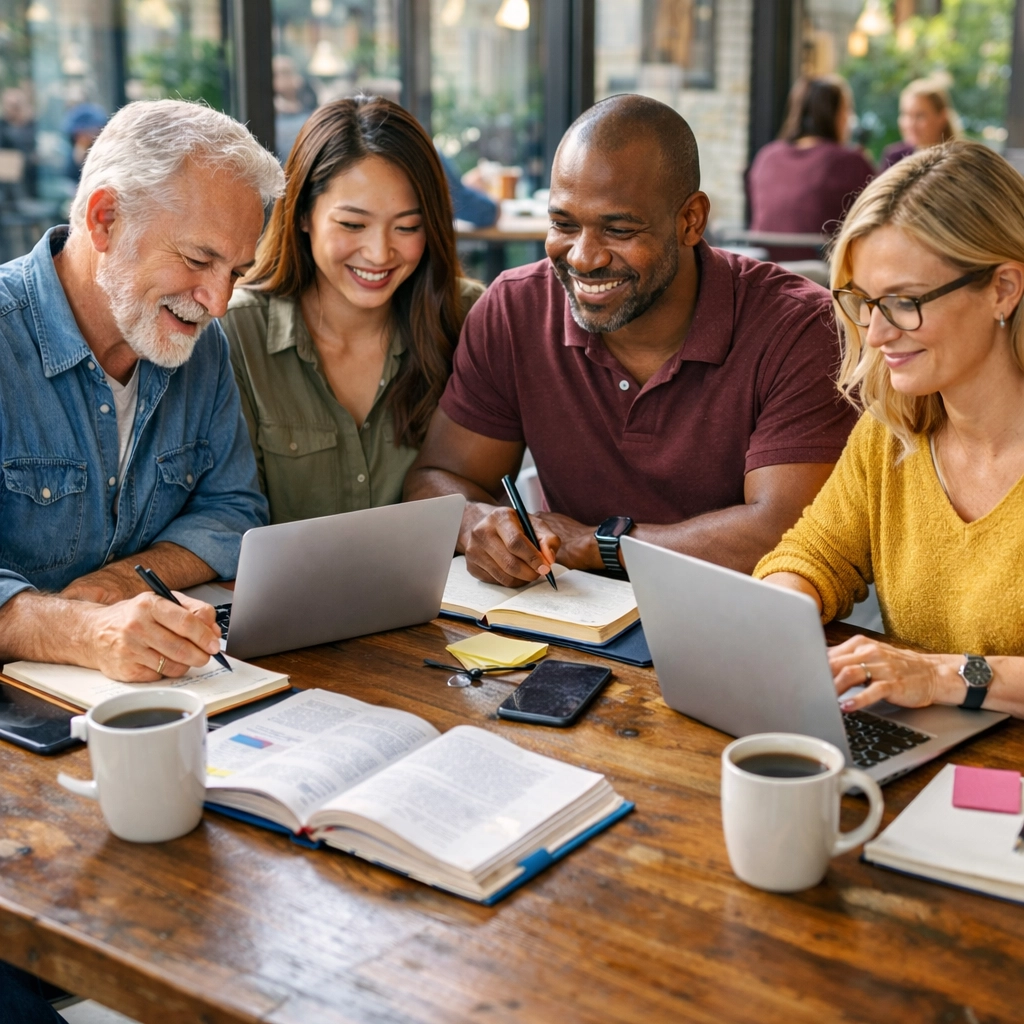 Busy adults studying CLEP exam materials together at coffee shop with laptops (1x1, center safe zone)