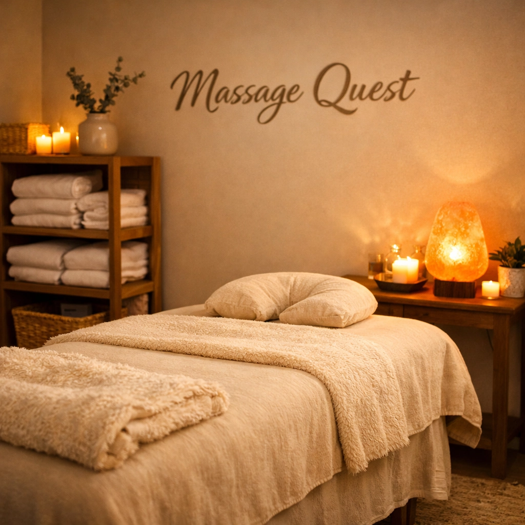 A serene and cozy massage therapy room at Massage Quest Edmonton for a relaxing session.