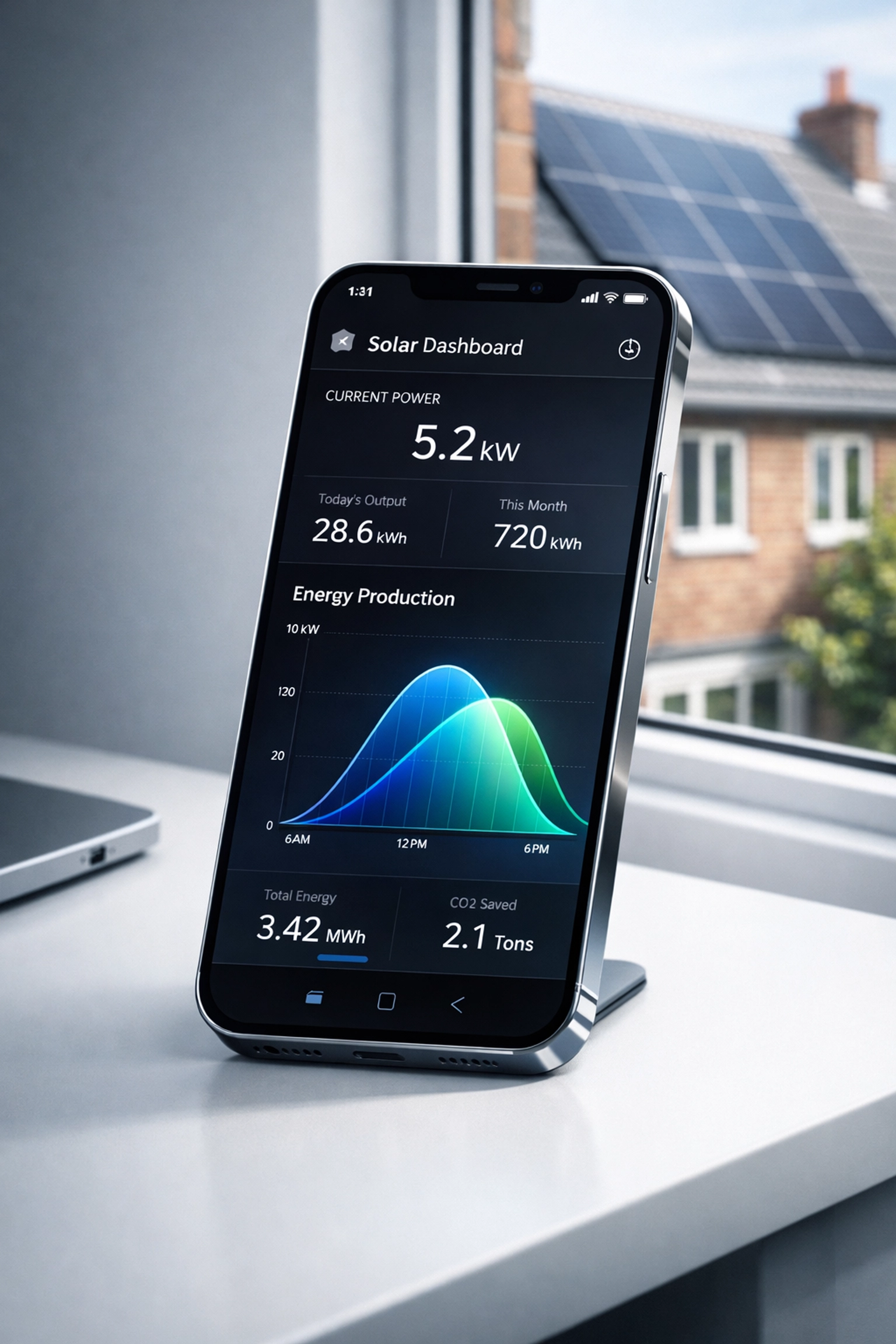 Solar panel monitoring app showing energy production data
