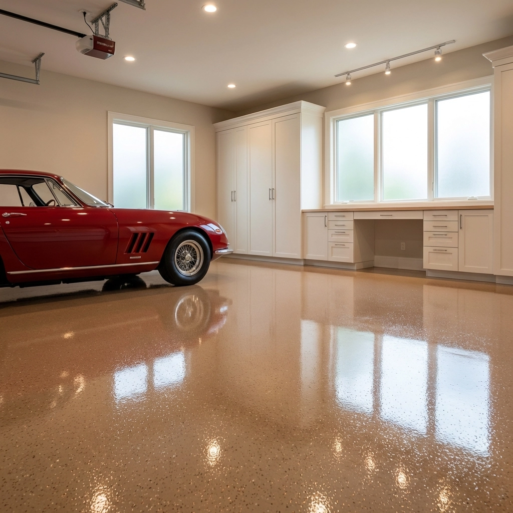 Luxury garage with a polyaspartic coated floor and red sports car showcasing best garage floor coating