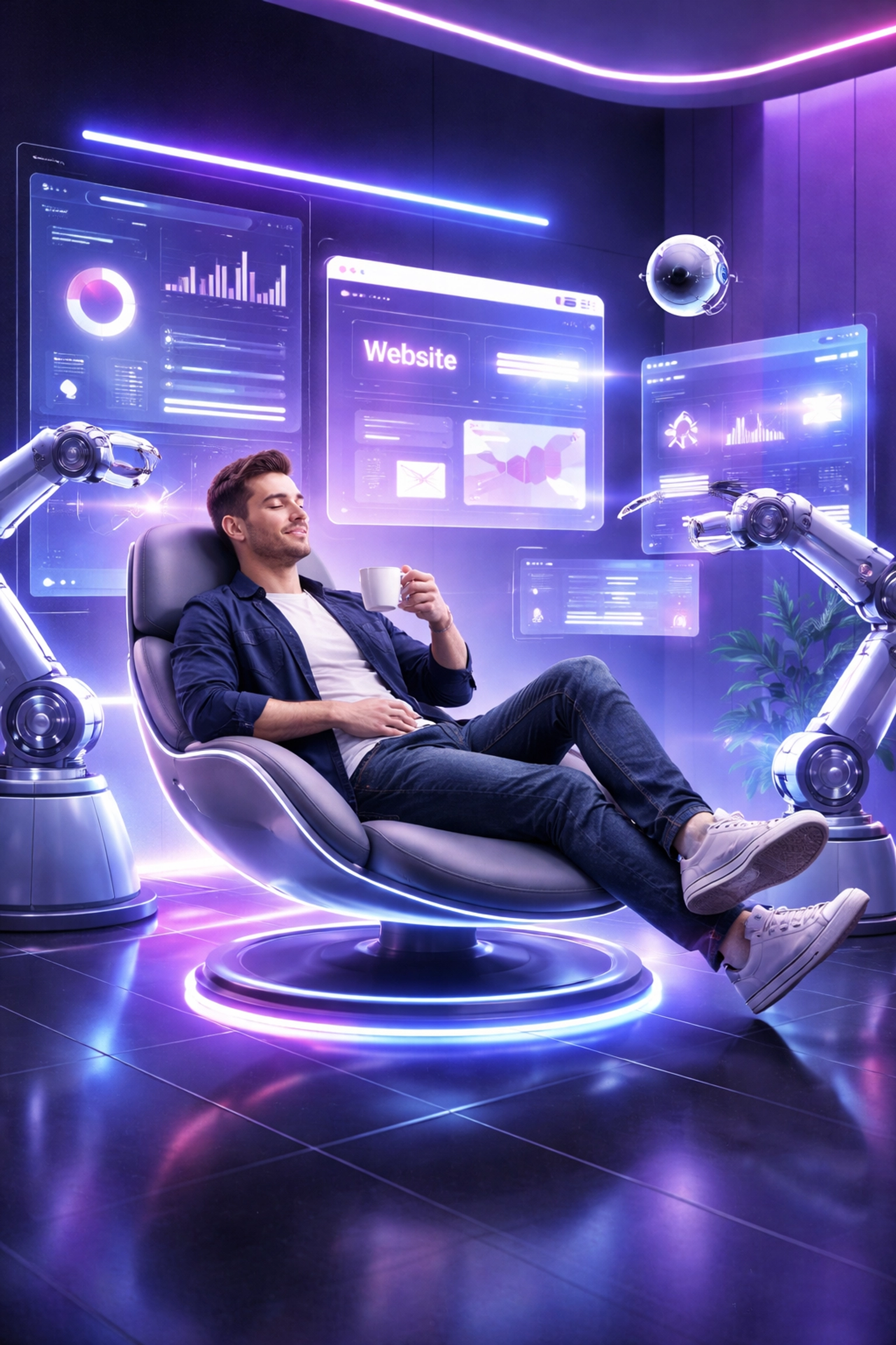 Entrepreneur enjoying stress-free business automation with AI handling website maintenance and digital tasks efficiently.