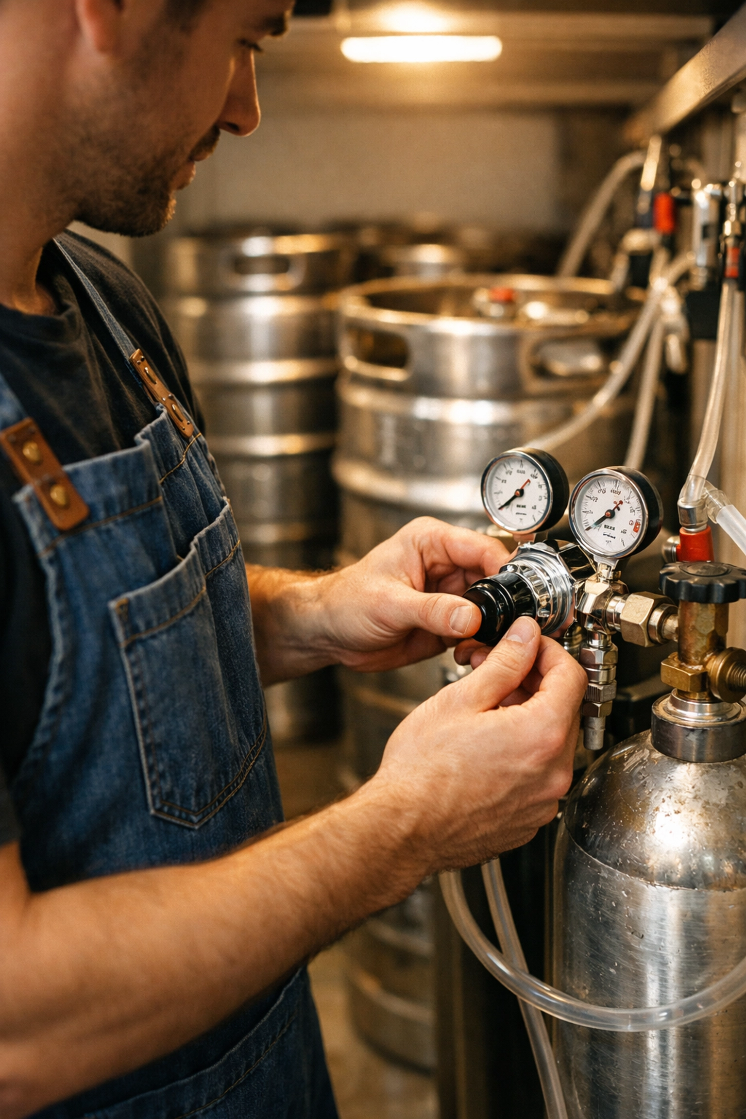 Professional pub cellar manager adjusting a beer gas regulator on a cylinder next to kegs.