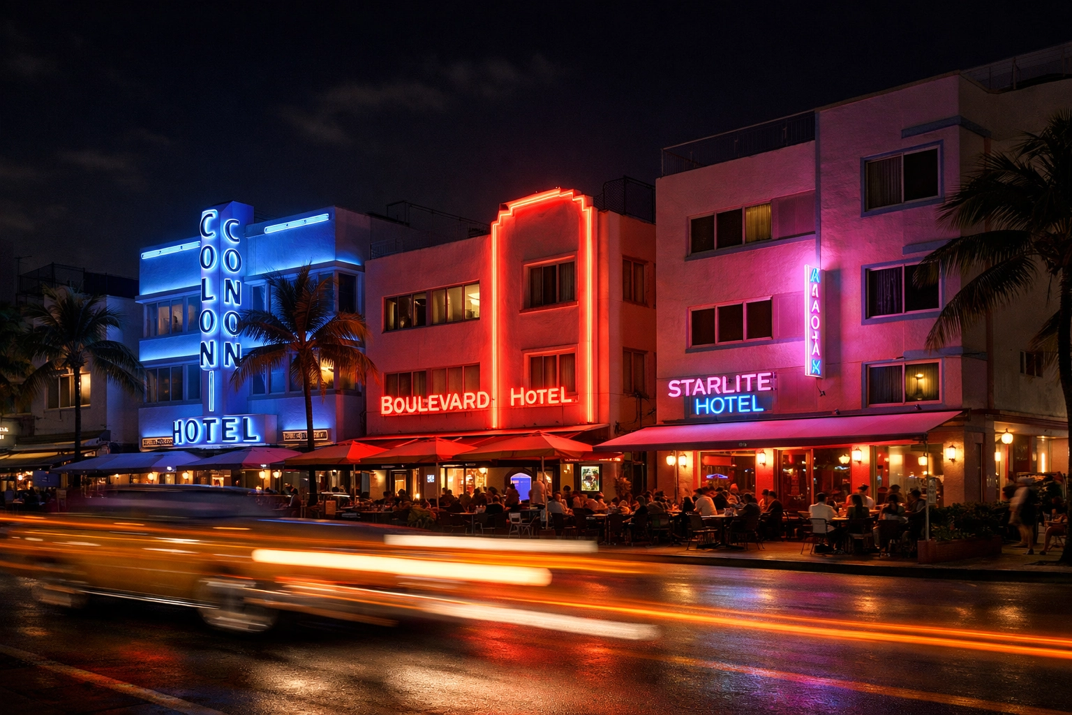 Neon Art Deco hotels on Ocean Drive, one of the best places to take pictures in Miami at night.
