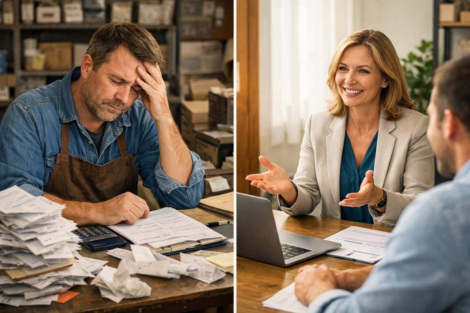 Financial advisor helping small business owner with bookkeeping and tax strategy guidance